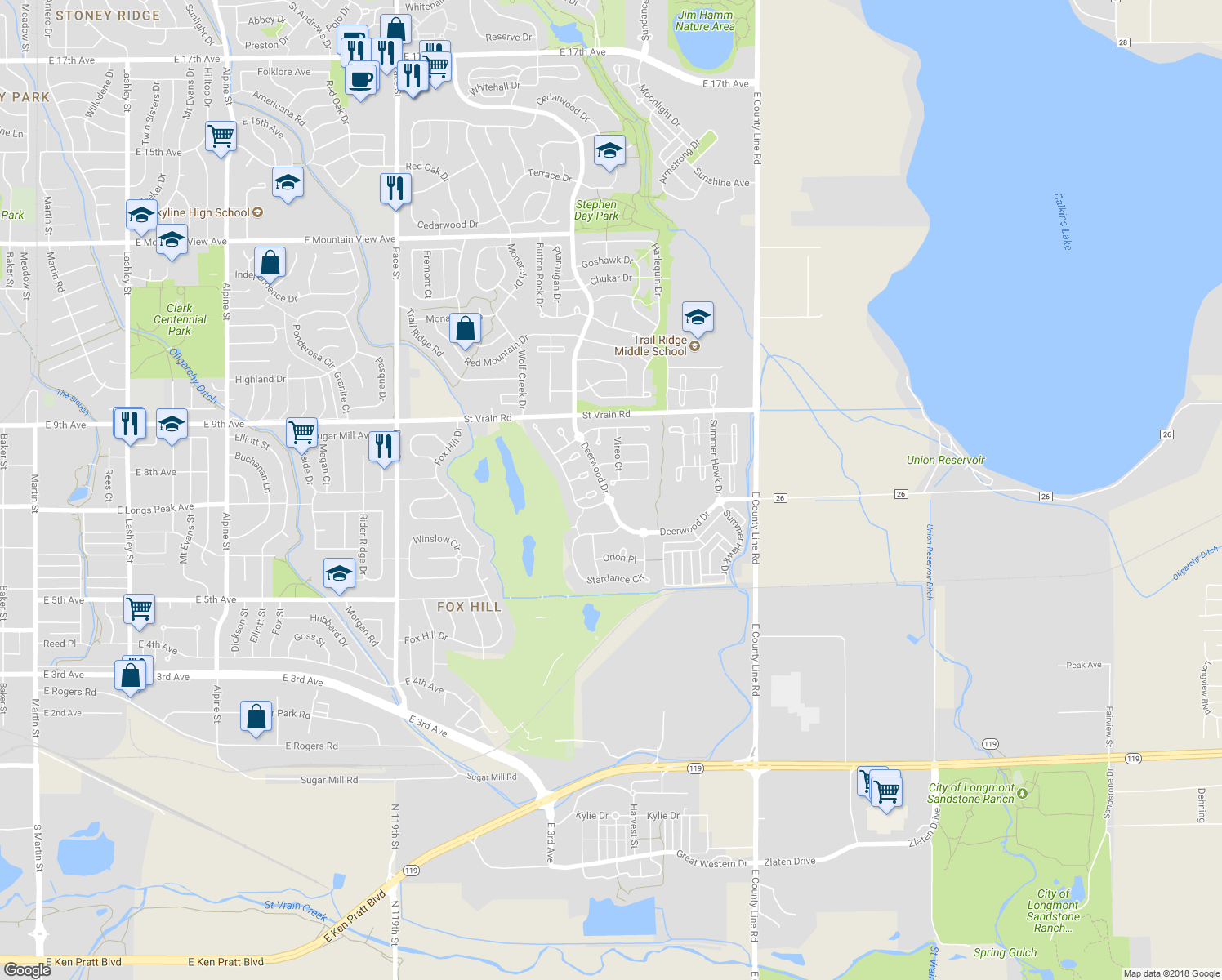 map of restaurants, bars, coffee shops, grocery stores, and more near 1505 Tanager Place in Longmont