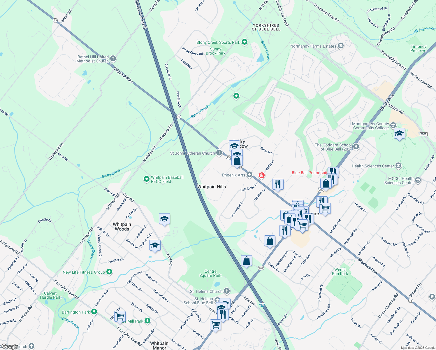 map of restaurants, bars, coffee shops, grocery stores, and more near 308 Whitpain Hills in Blue Bell