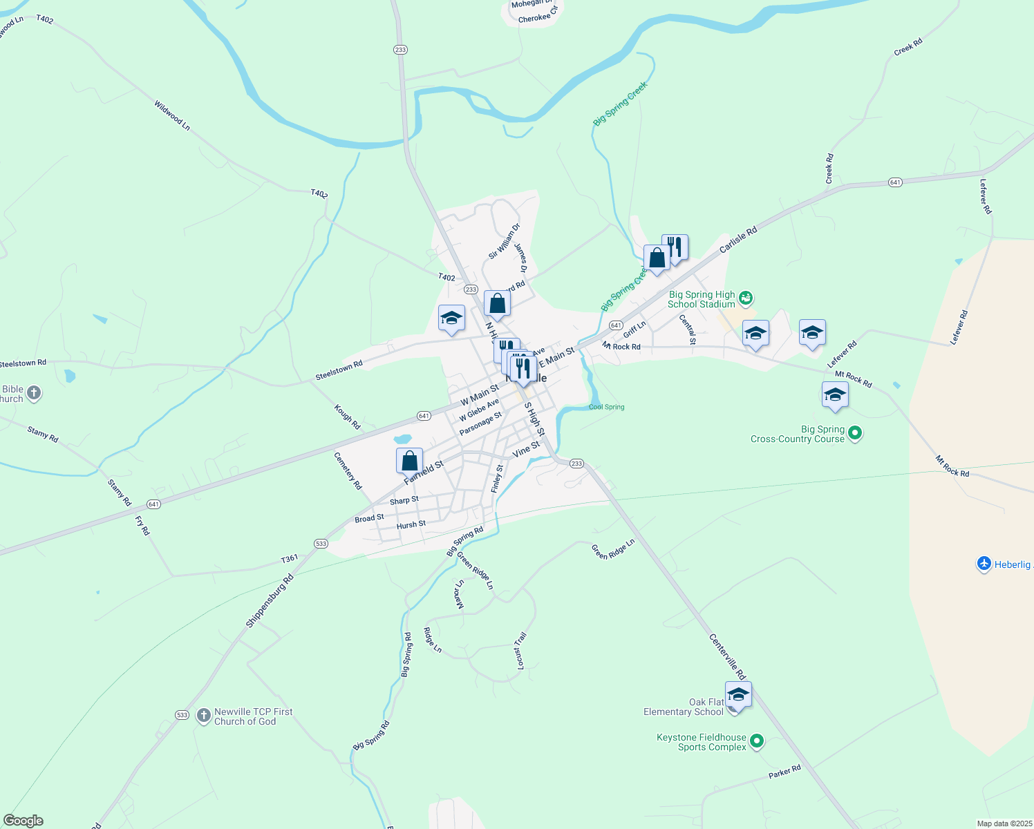 map of restaurants, bars, coffee shops, grocery stores, and more near 20 West Big Spring Avenue in Newville