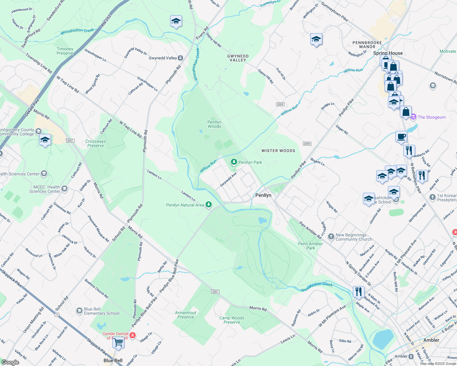 map of restaurants, bars, coffee shops, grocery stores, and more near 1078 Trewellyn Avenue in Penllyn