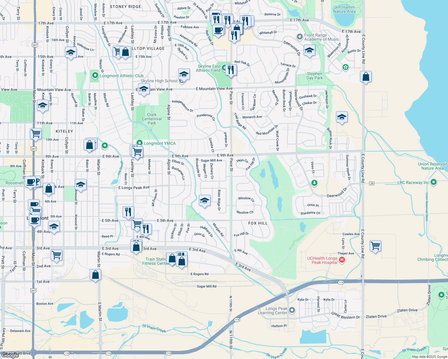 map of restaurants, bars, coffee shops, grocery stores, and more near 703 Ridge Creek Court in Longmont