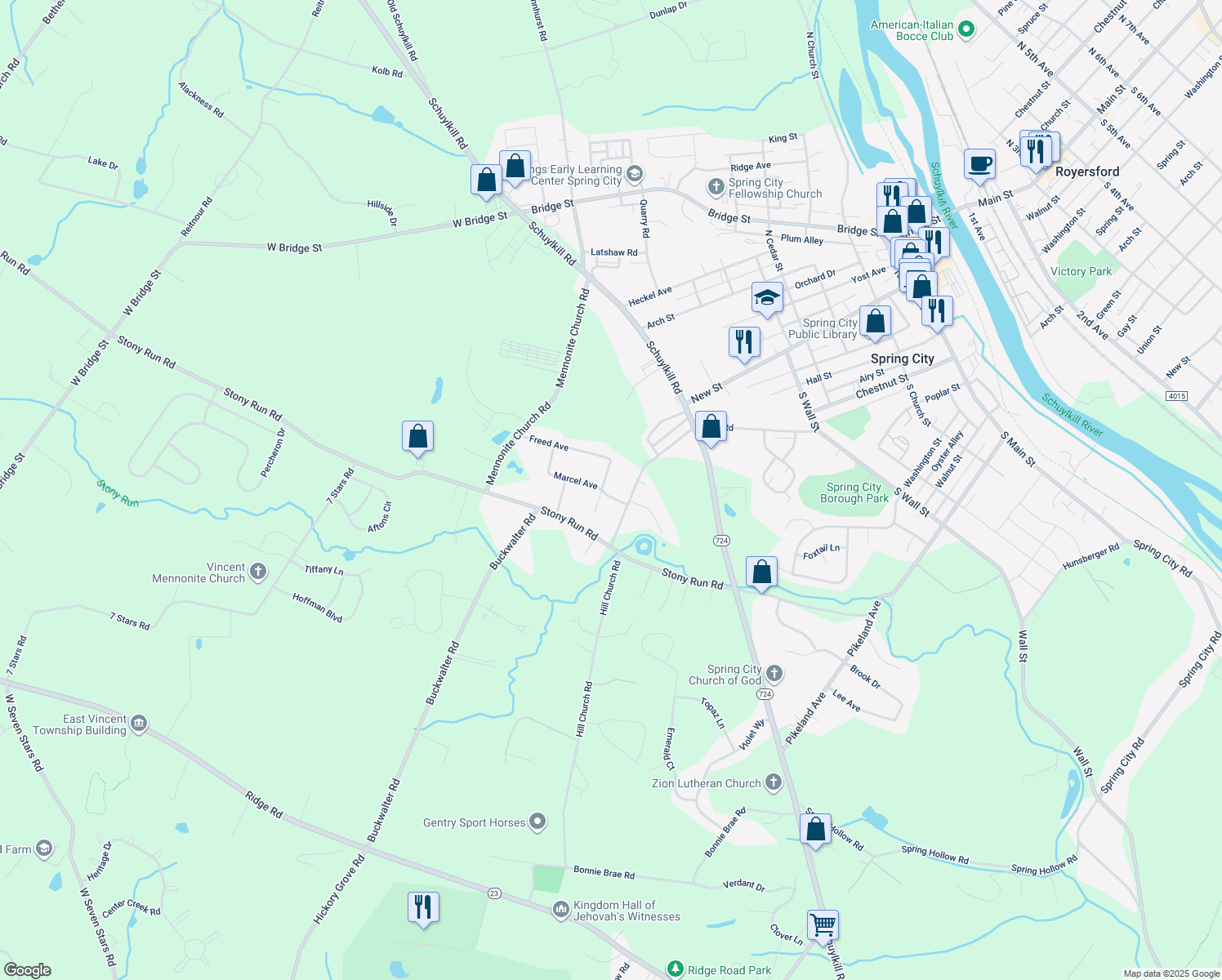 map of restaurants, bars, coffee shops, grocery stores, and more near 9 Marcel Avenue in Spring City