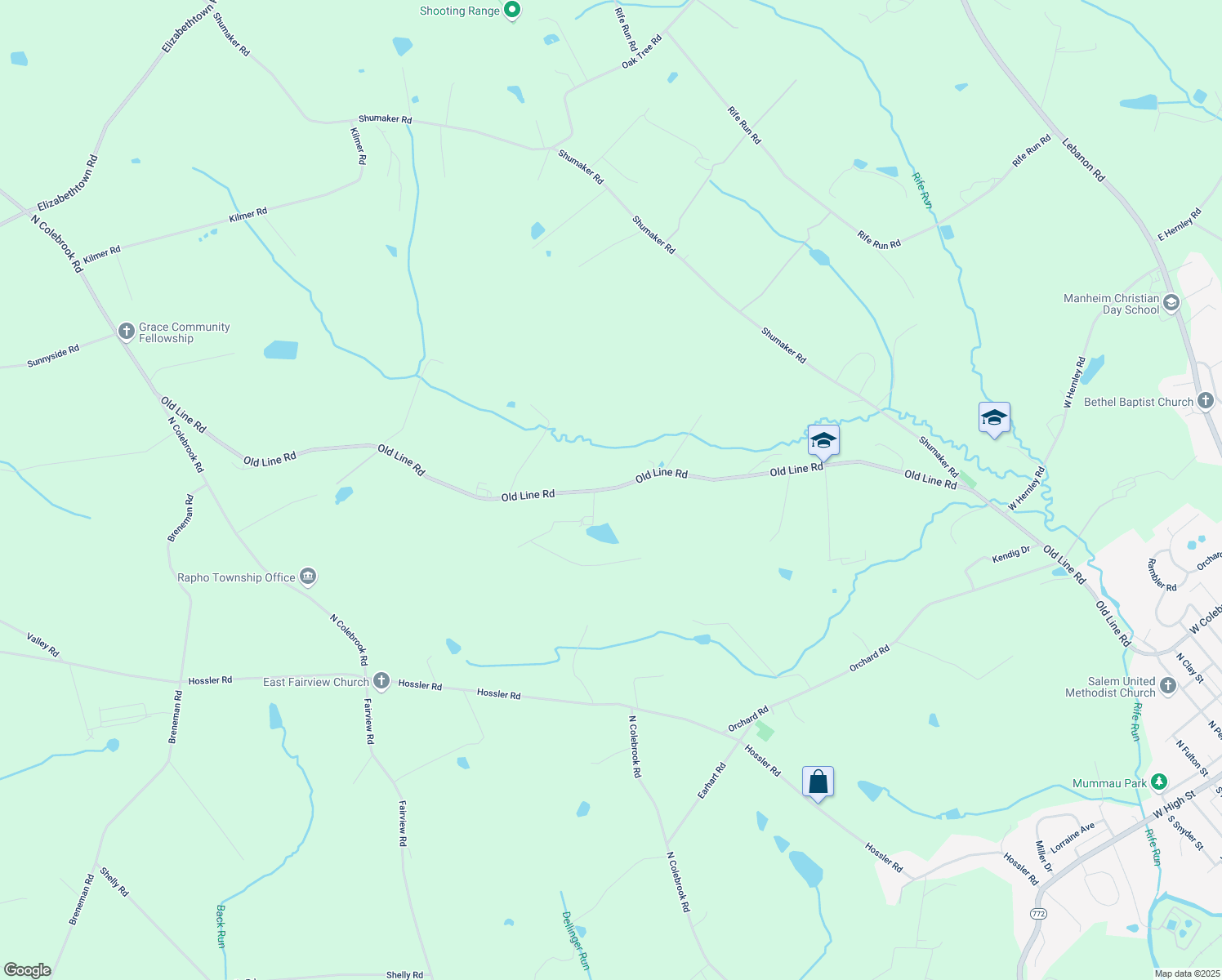 map of restaurants, bars, coffee shops, grocery stores, and more near 1407 Old Line Rd in Manheim