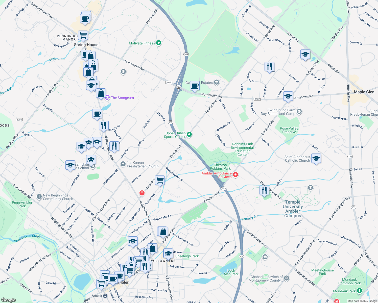map of restaurants, bars, coffee shops, grocery stores, and more near 2705 Navajo Path in Ambler