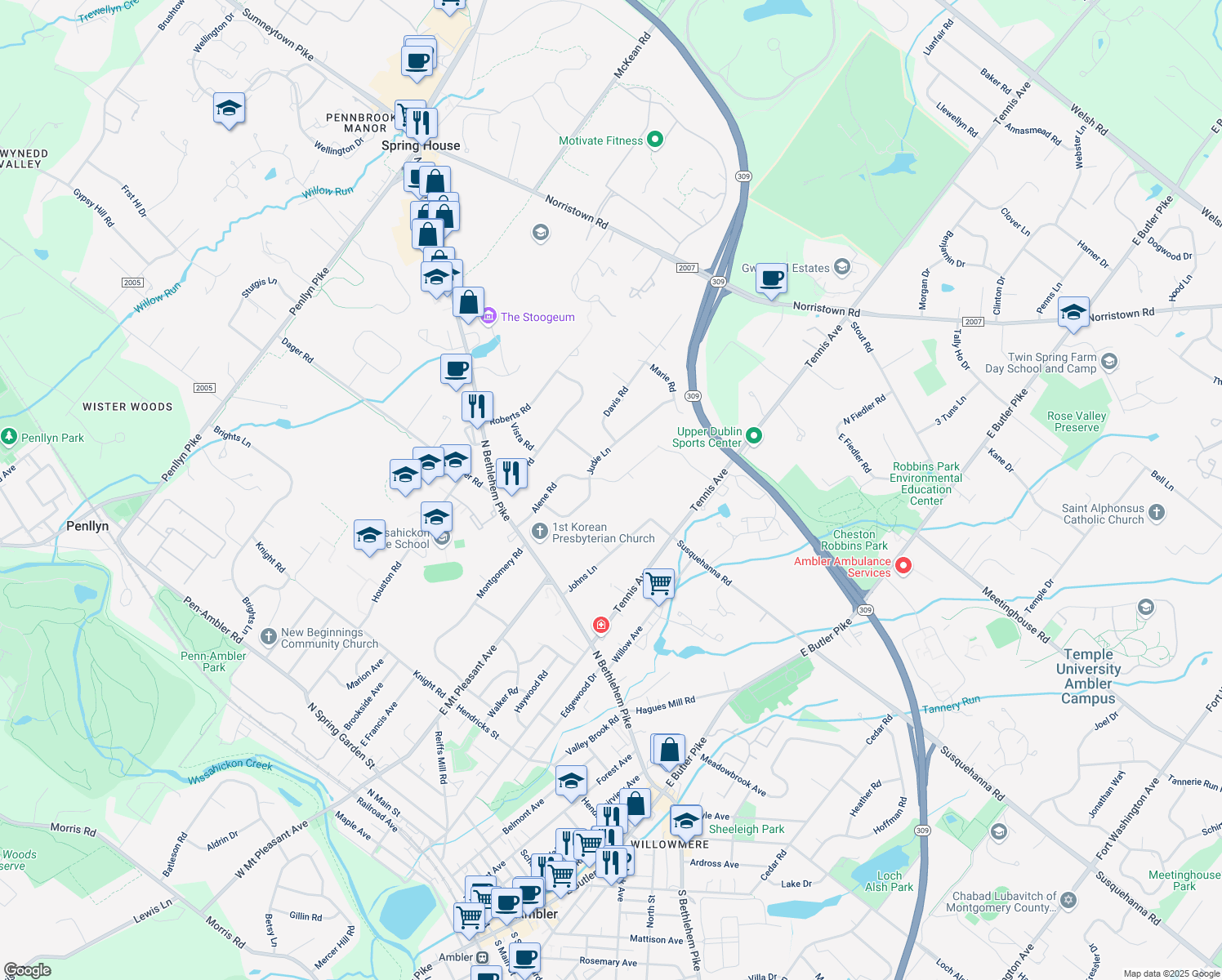 map of restaurants, bars, coffee shops, grocery stores, and more near 804 Alene Rd in Ambler