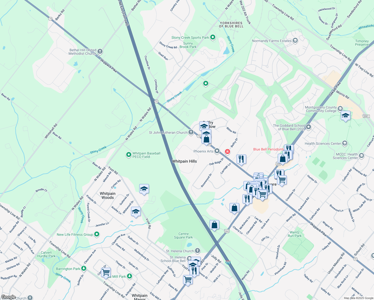 map of restaurants, bars, coffee shops, grocery stores, and more near 409 Whitpain Hls in Blue Bell