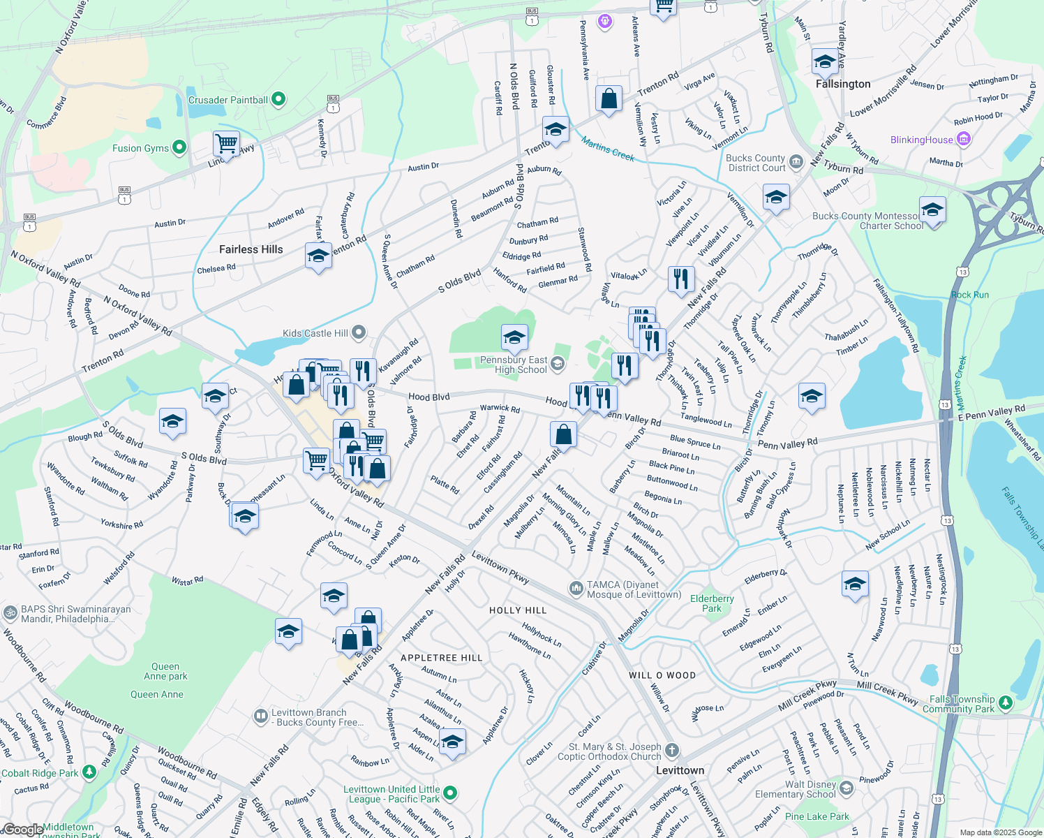 map of restaurants, bars, coffee shops, grocery stores, and more near 500 Elford Road in Fairless Hills