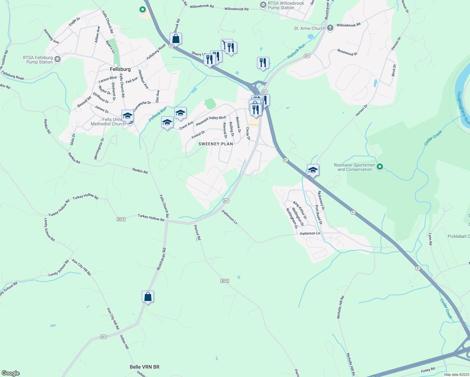 map of restaurants, bars, coffee shops, grocery stores, and more near 1584 Rostraver Road in Belle Vernon