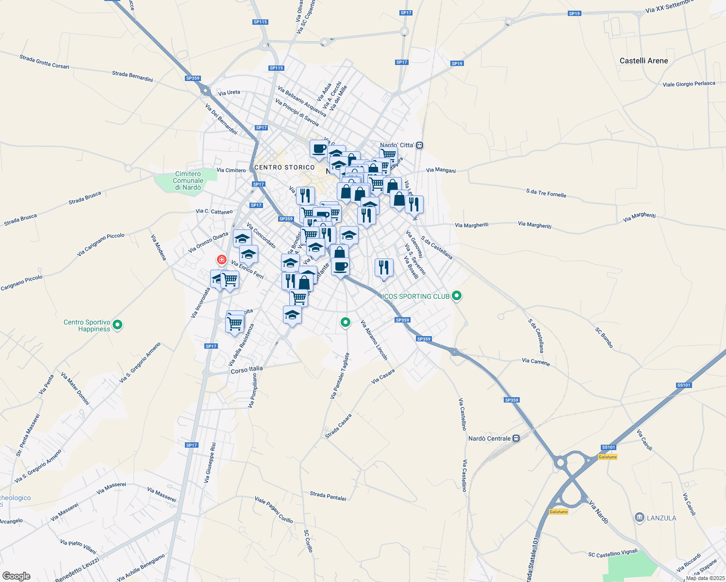 map of restaurants, bars, coffee shops, grocery stores, and more near 46 Via XXV Luglio in Nardò
