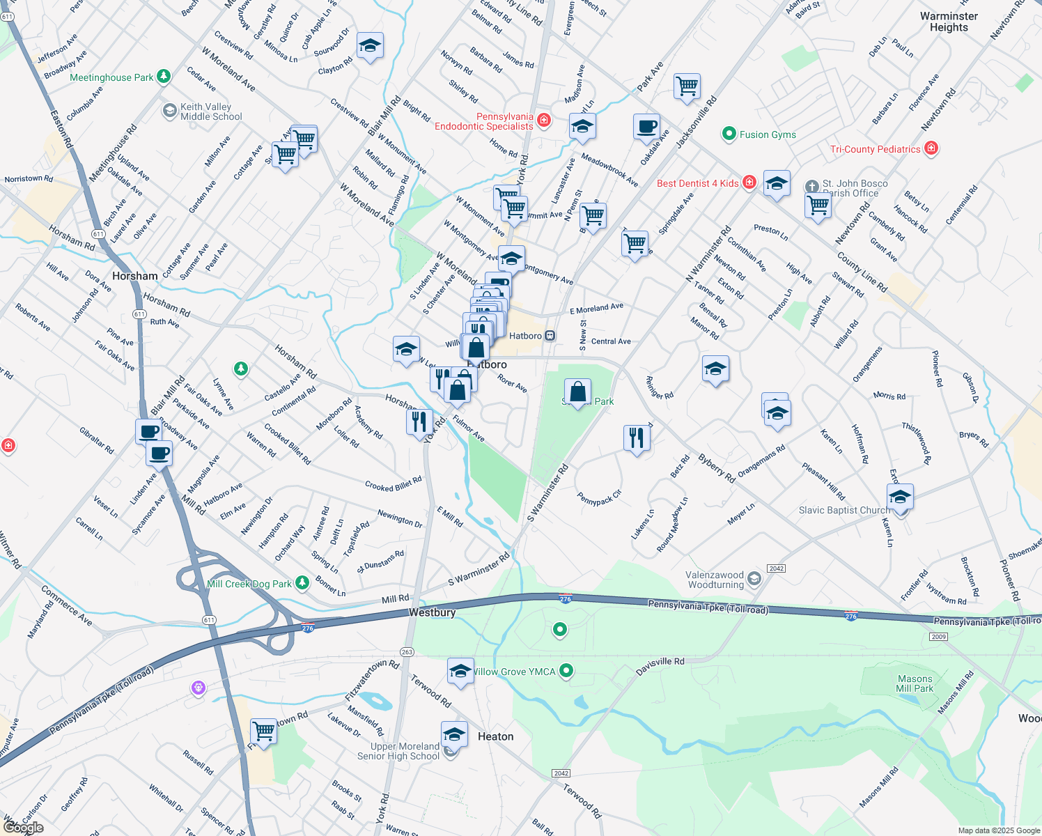 map of restaurants, bars, coffee shops, grocery stores, and more near 34 Rorer Avenue in Hatboro
