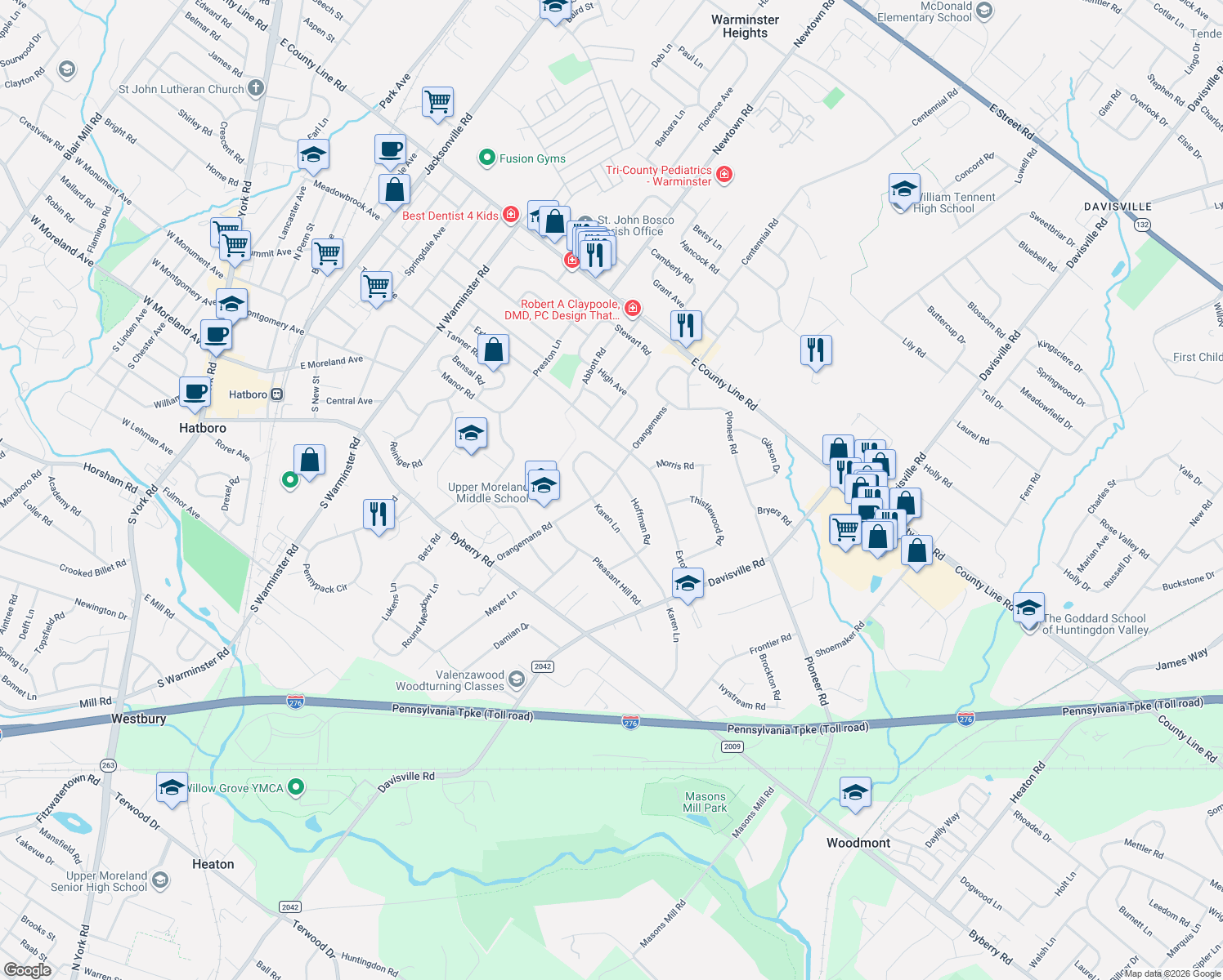 map of restaurants, bars, coffee shops, grocery stores, and more near 4115 Orangemans Road in Hatboro