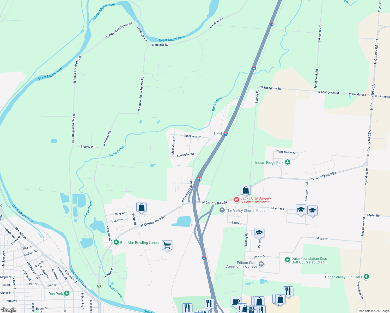 map of restaurants, bars, coffee shops, grocery stores, and more near 1500 Steinhilber Drive in Piqua