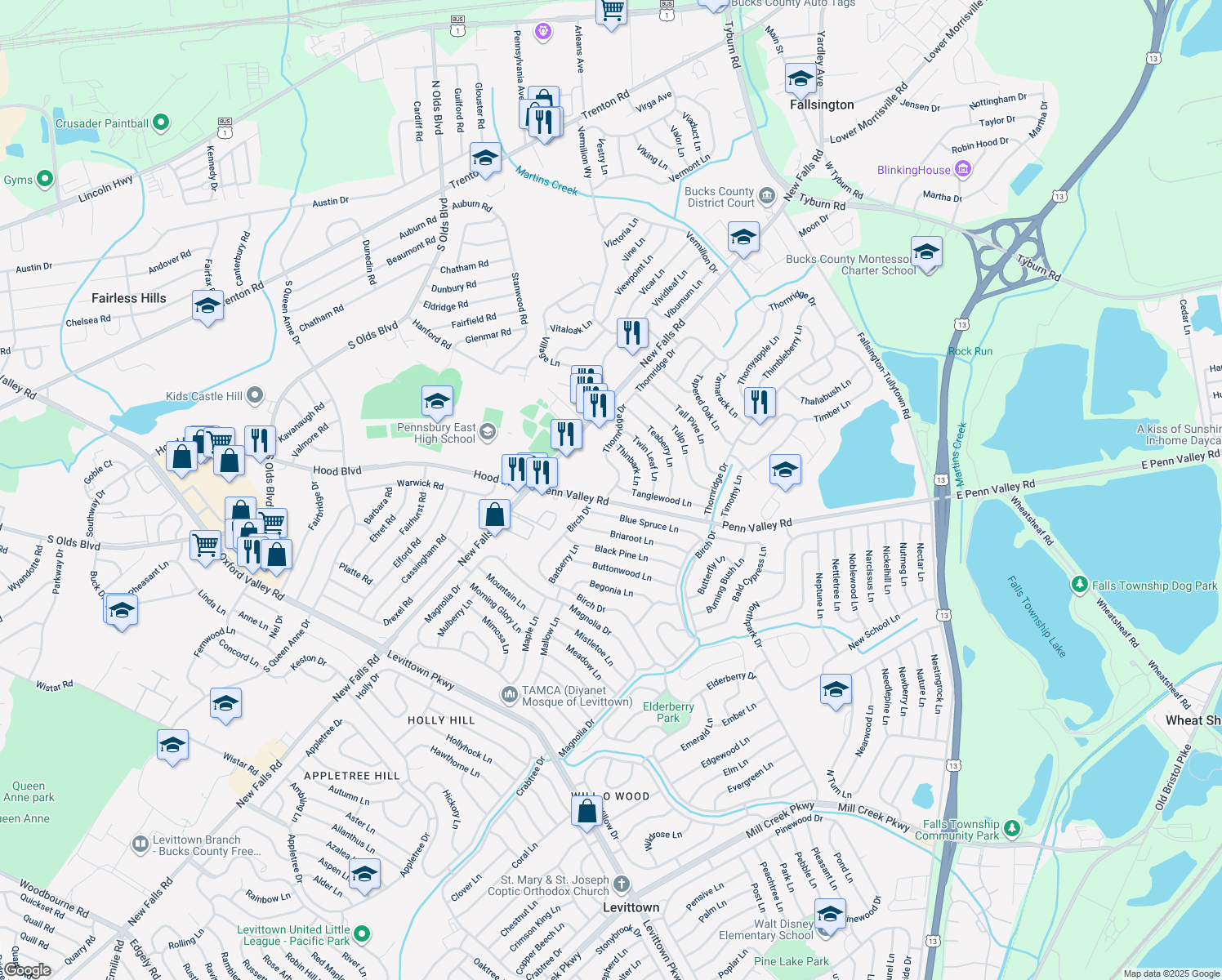 map of restaurants, bars, coffee shops, grocery stores, and more near 460 Thornridge Drive in Levittown