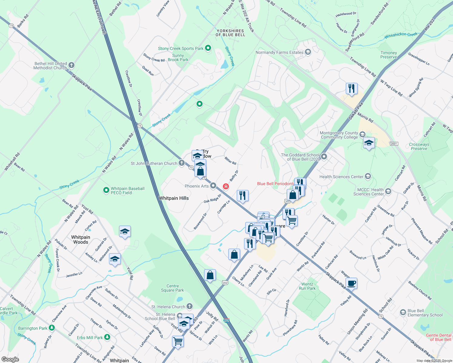 map of restaurants, bars, coffee shops, grocery stores, and more near 835 Belfry Drive in Blue Bell