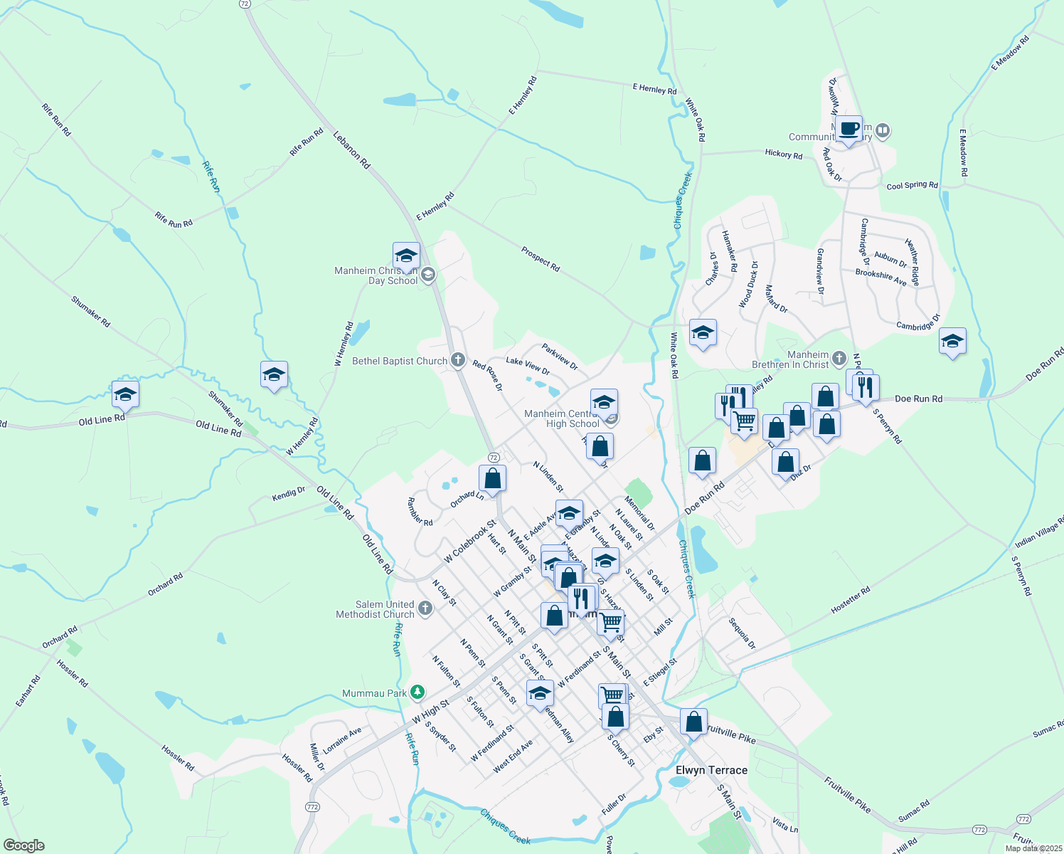 map of restaurants, bars, coffee shops, grocery stores, and more near 133 Hamaker Road in Manheim