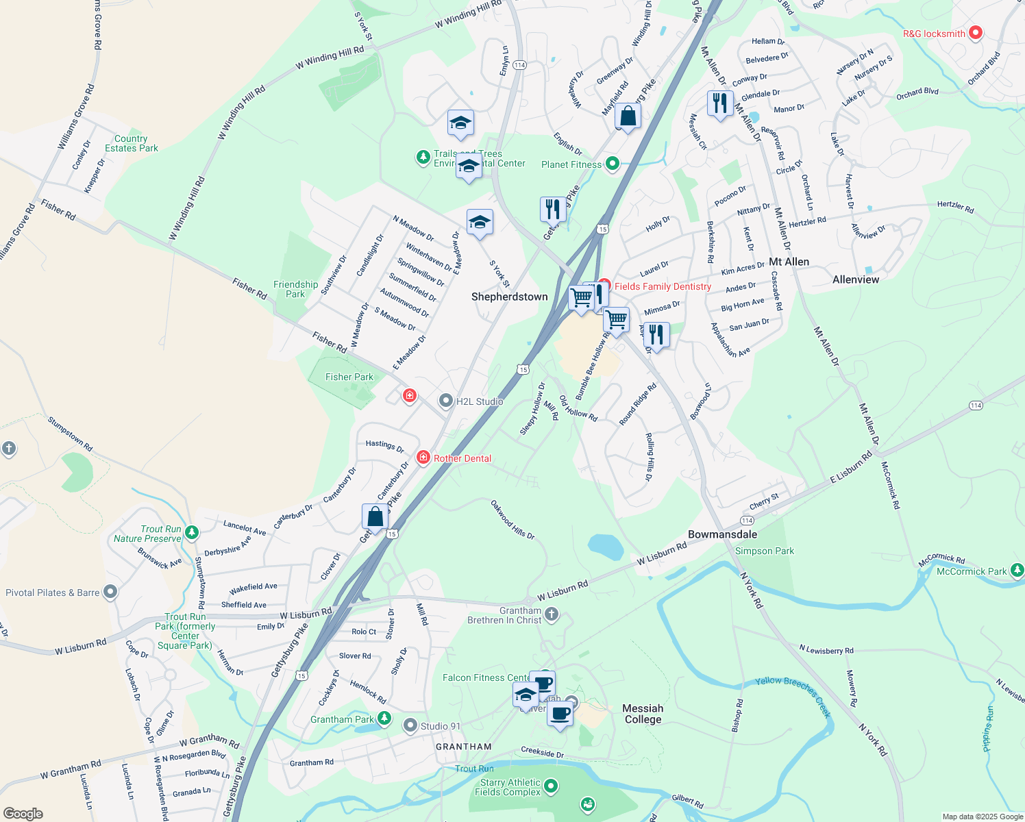 map of restaurants, bars, coffee shops, grocery stores, and more near 2353 Mill Road in Mechanicsburg