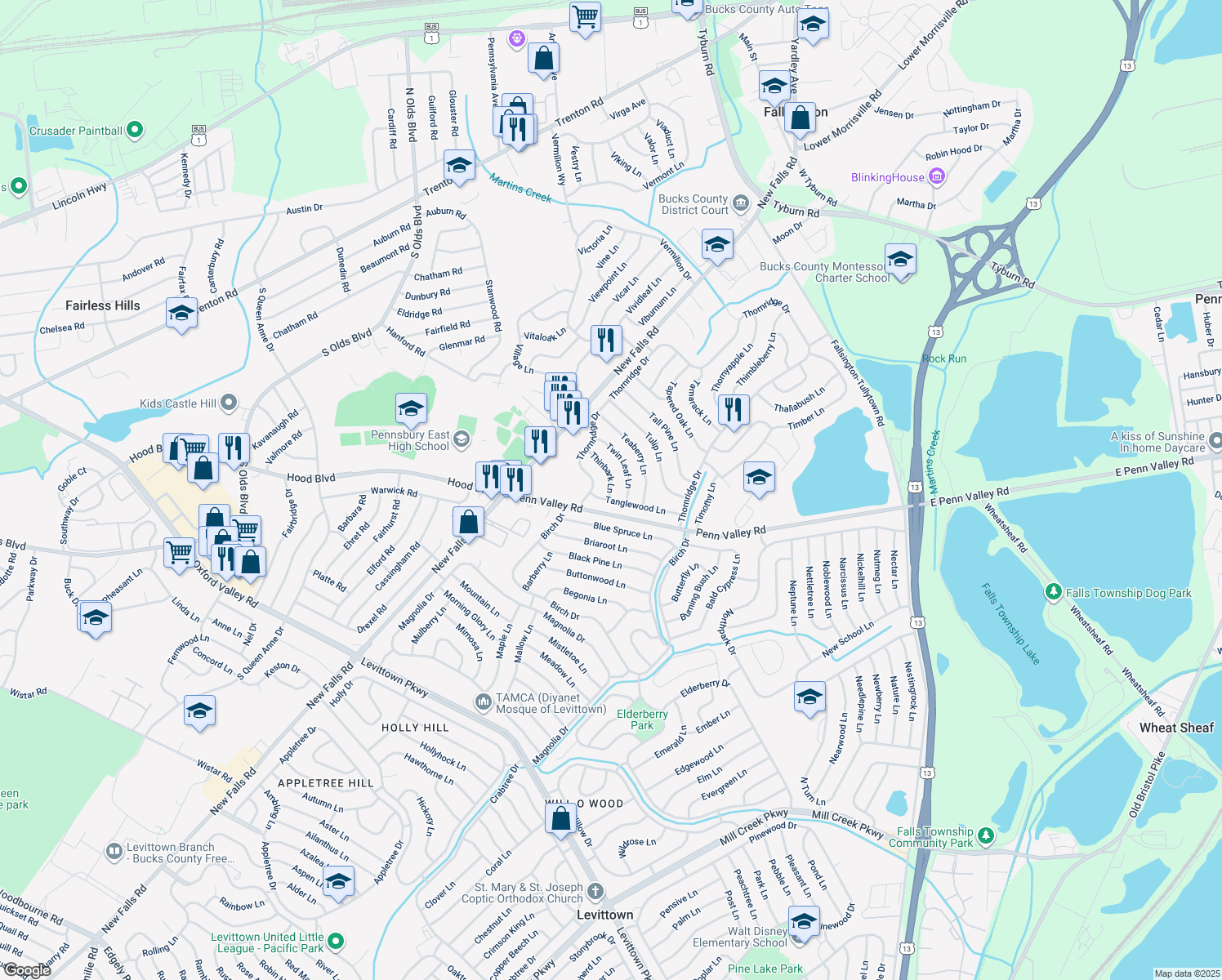 map of restaurants, bars, coffee shops, grocery stores, and more near 7 Thinbark Ln in Levittown