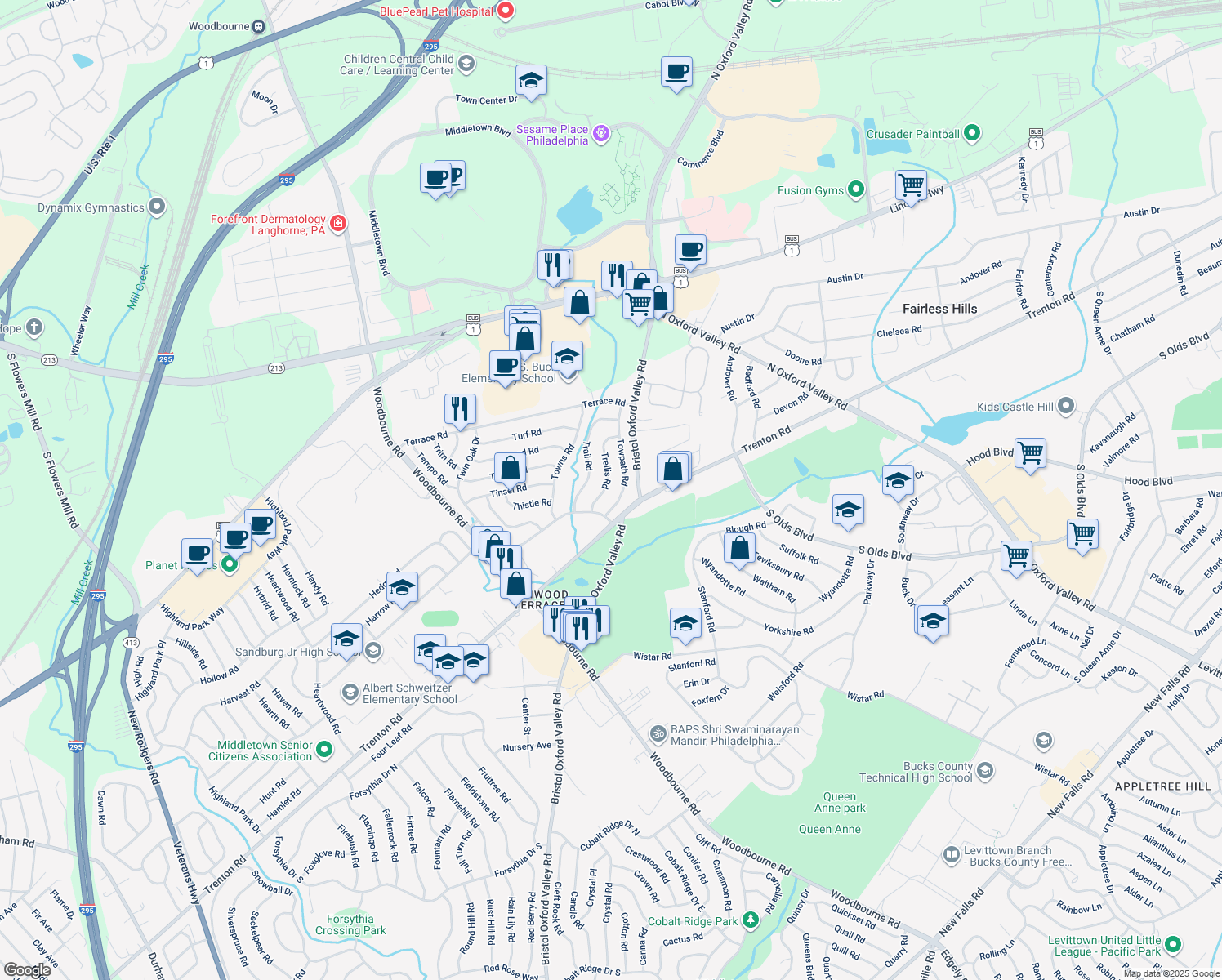 map of restaurants, bars, coffee shops, grocery stores, and more near 20 Trellis Road in Levittown