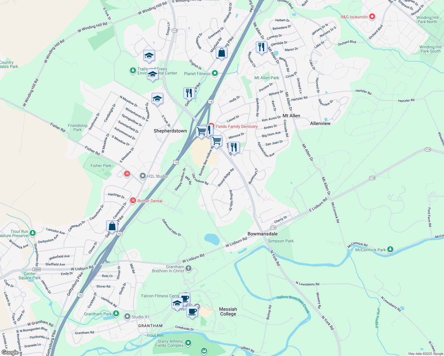 map of restaurants, bars, coffee shops, grocery stores, and more near 26 Round Ridge Road in Mechanicsburg