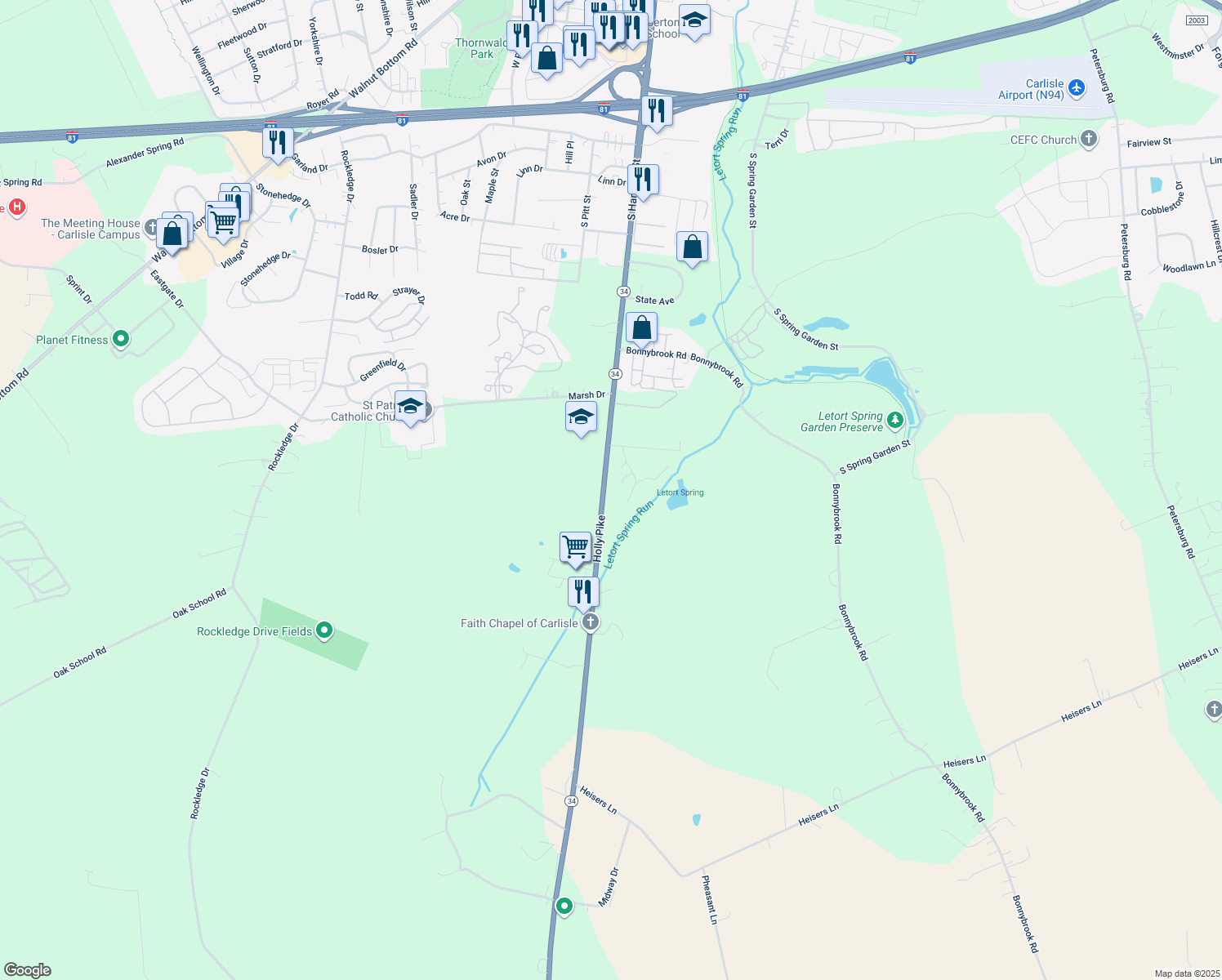 map of restaurants, bars, coffee shops, grocery stores, and more near 1421 Holly Pike in Carlisle