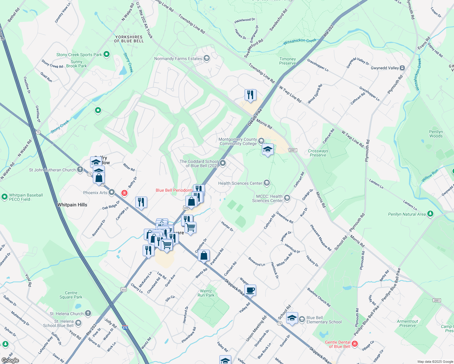map of restaurants, bars, coffee shops, grocery stores, and more near 407 Azalea Drive in Blue Bell
