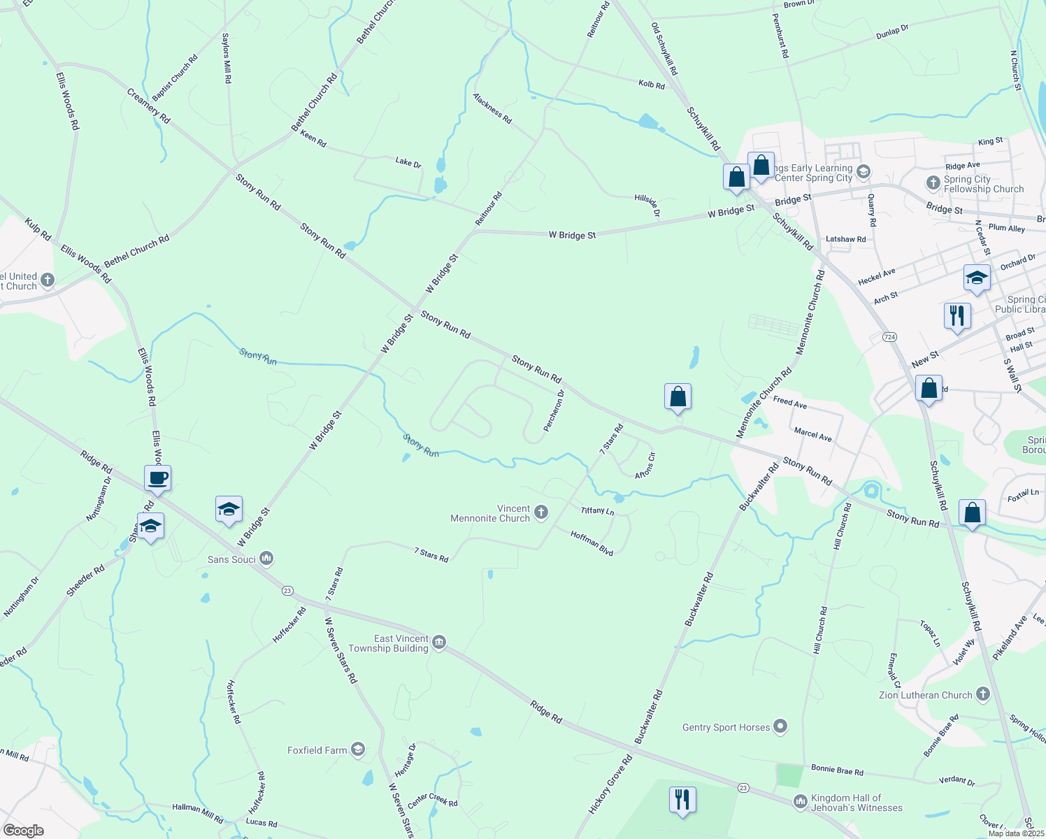 map of restaurants, bars, coffee shops, grocery stores, and more near 38 Percheron Drive in Spring City