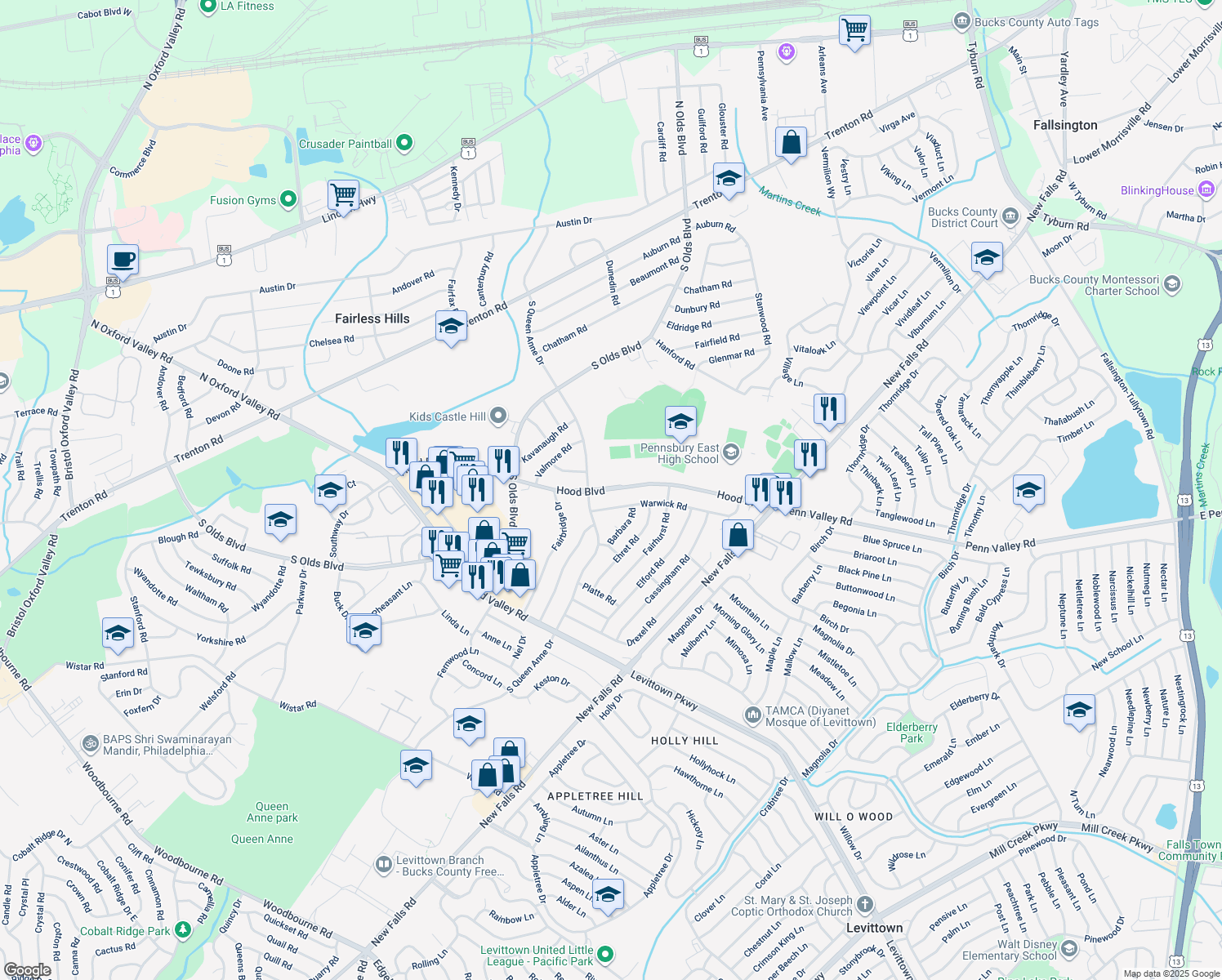 map of restaurants, bars, coffee shops, grocery stores, and more near 624 Hood Boulevard in Fairless Hills