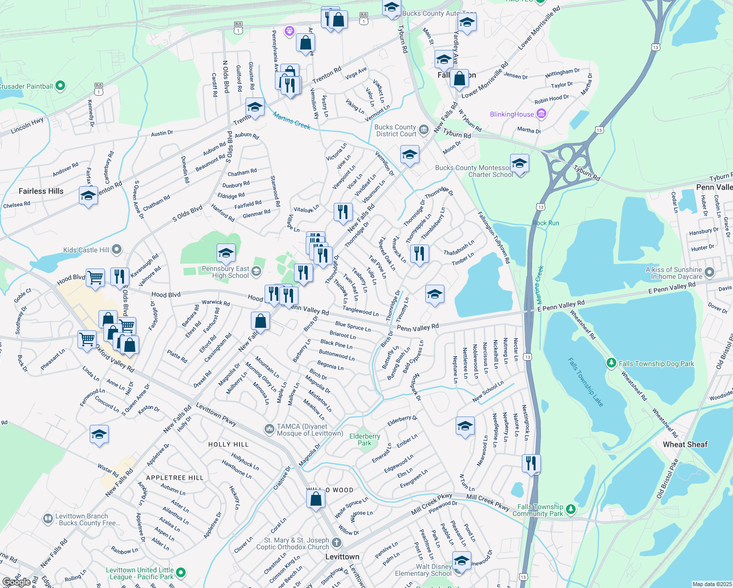map of restaurants, bars, coffee shops, grocery stores, and more near 27 Teaberry Lane in Levittown