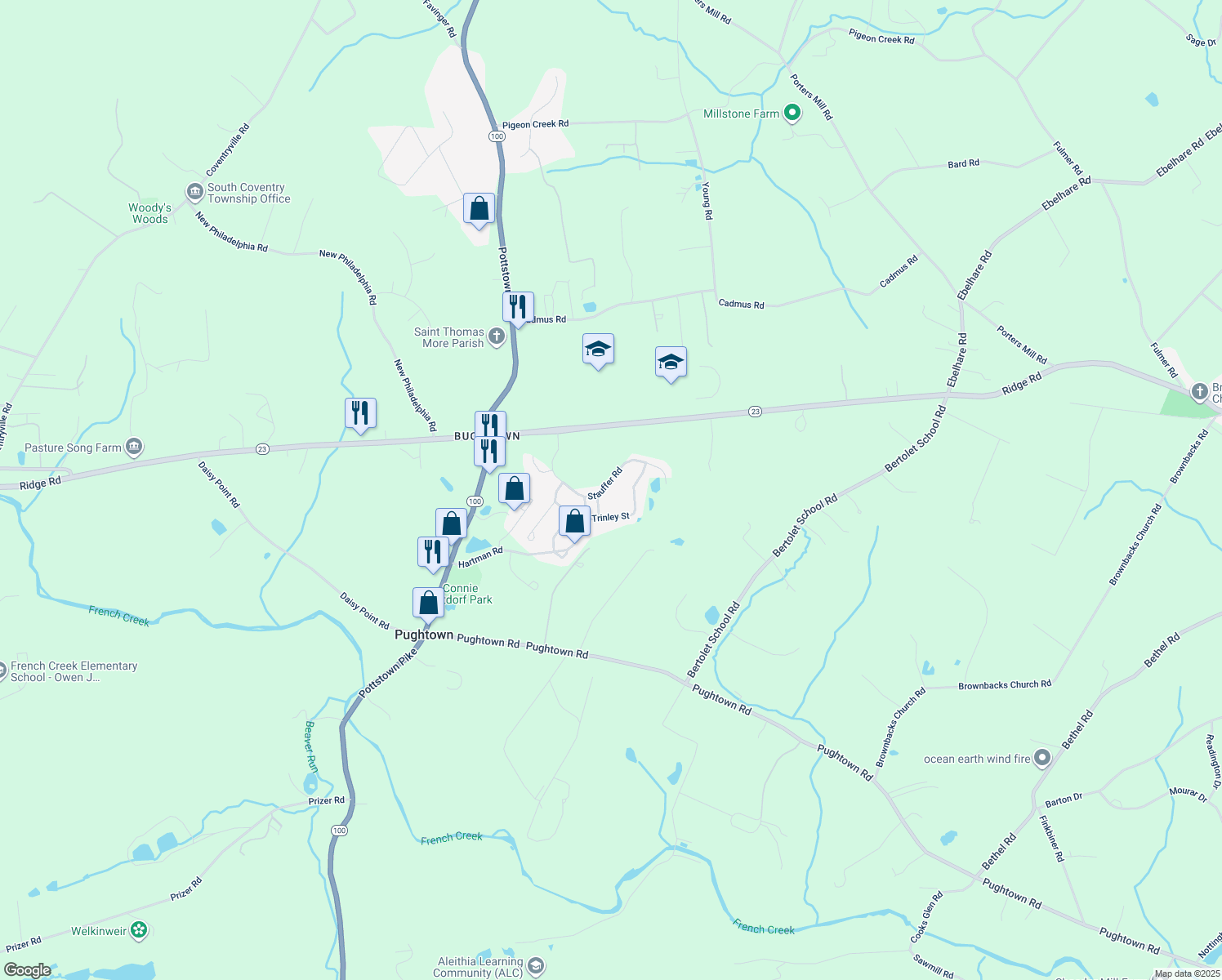 map of restaurants, bars, coffee shops, grocery stores, and more near 218 Stauffer Road in Pottstown