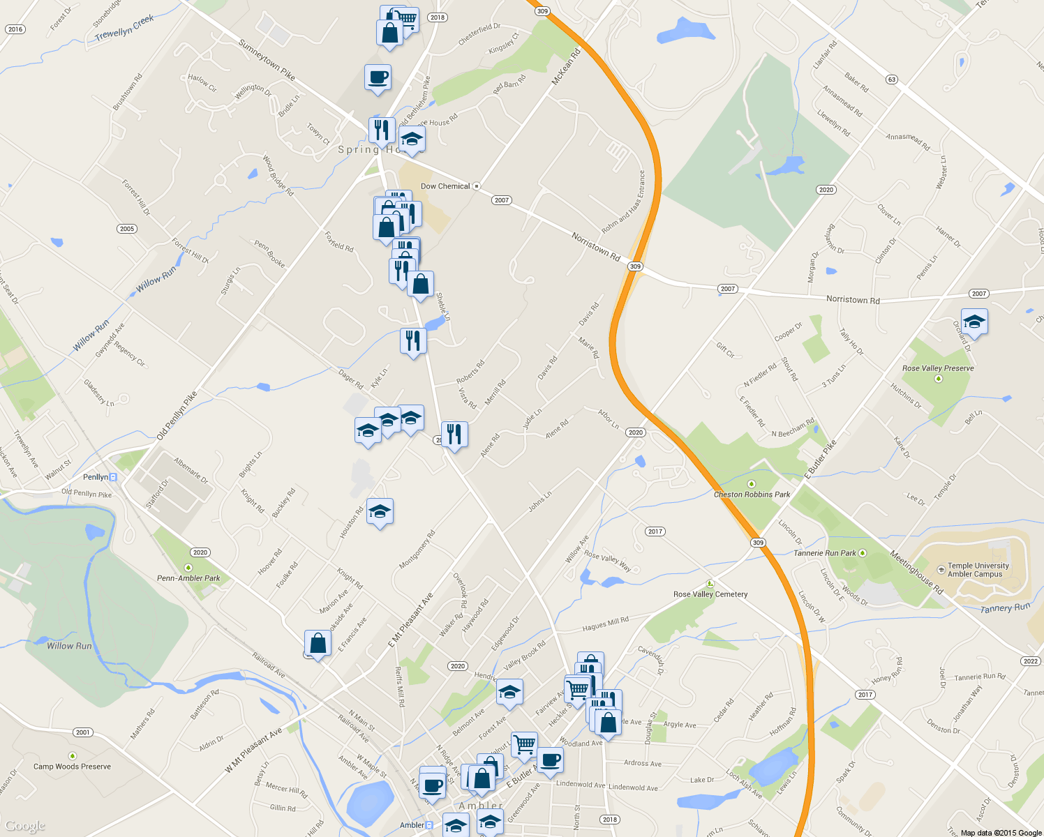 map of restaurants, bars, coffee shops, grocery stores, and more near 805 Judie Lane in Ambler