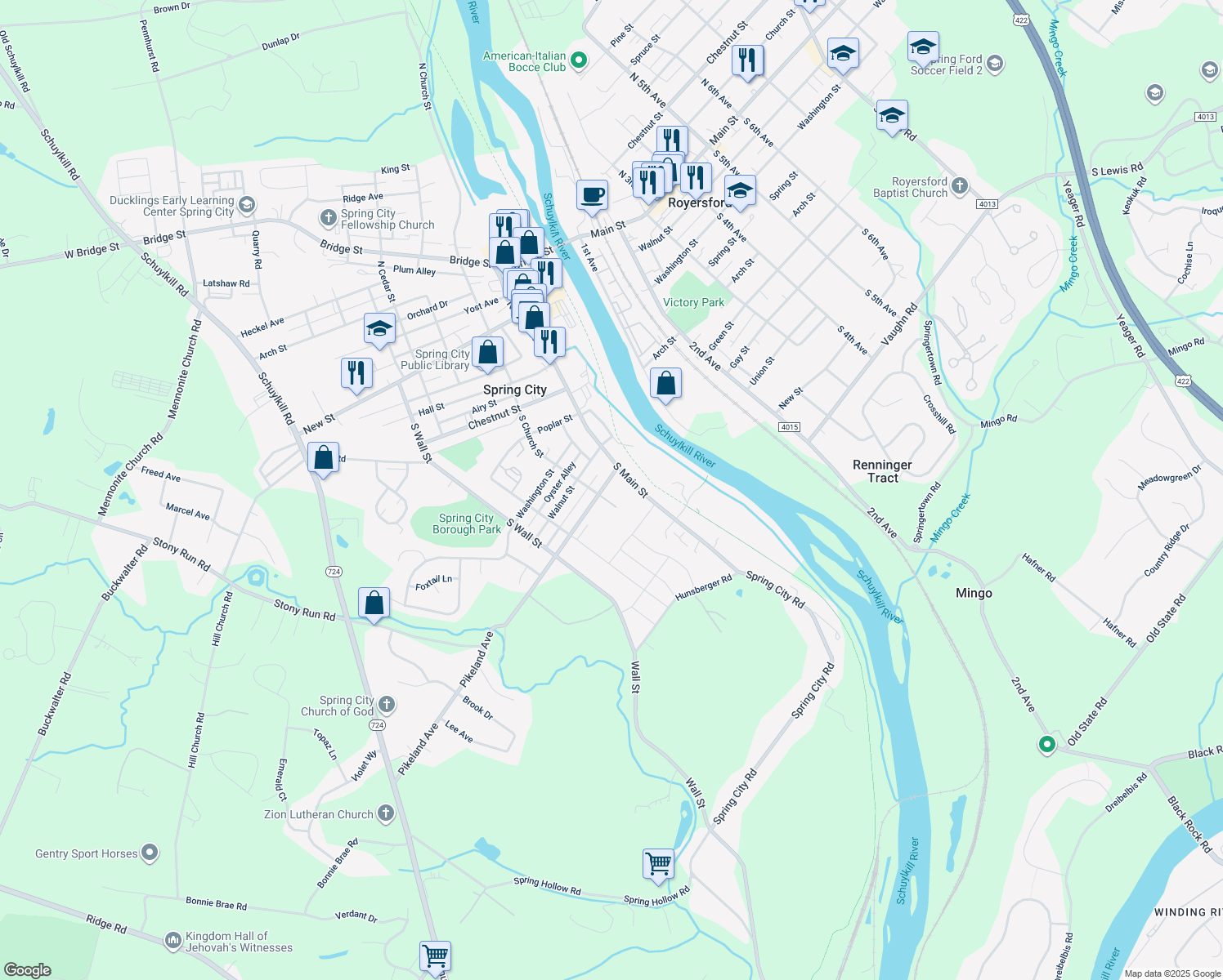 map of restaurants, bars, coffee shops, grocery stores, and more near 128 Pikeland Avenue in Spring City