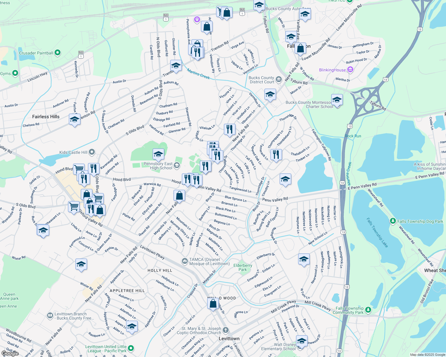 map of restaurants, bars, coffee shops, grocery stores, and more near 444 Thornridge Drive in Levittown