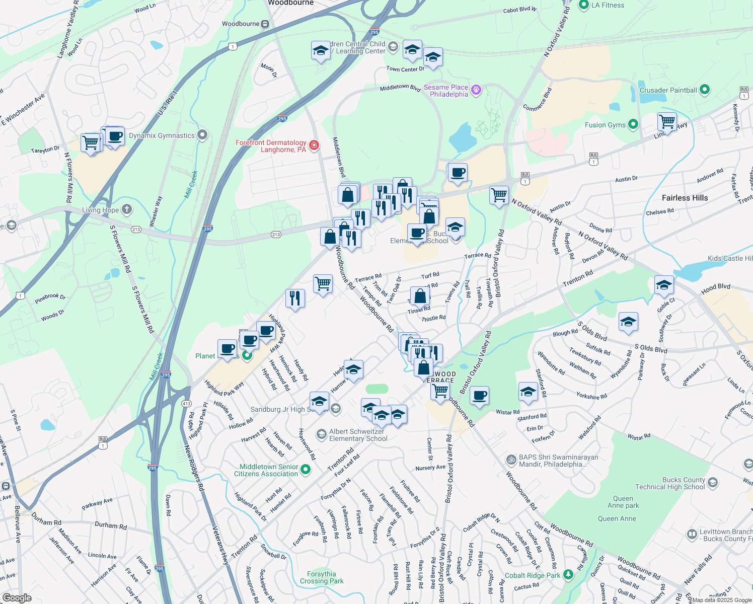 map of restaurants, bars, coffee shops, grocery stores, and more near 33 Tempo Road in Levittown