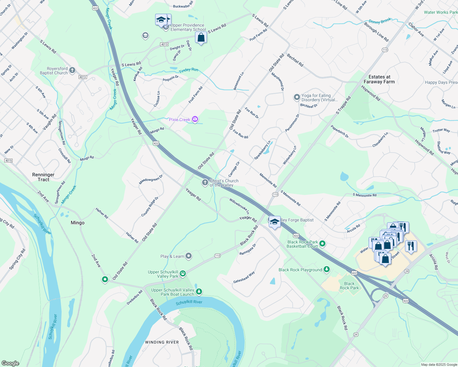 map of restaurants, bars, coffee shops, grocery stores, and more near 36 Saddleview Dr in Royersford