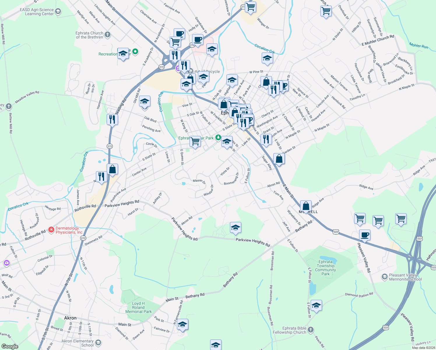 map of restaurants, bars, coffee shops, grocery stores, and more near 371 Vista Dr in Ephrata