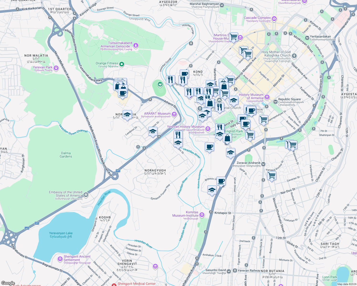 map of restaurants, bars, coffee shops, grocery stores, and more near 48a Admiral Isakov Avenue in Yerevan
