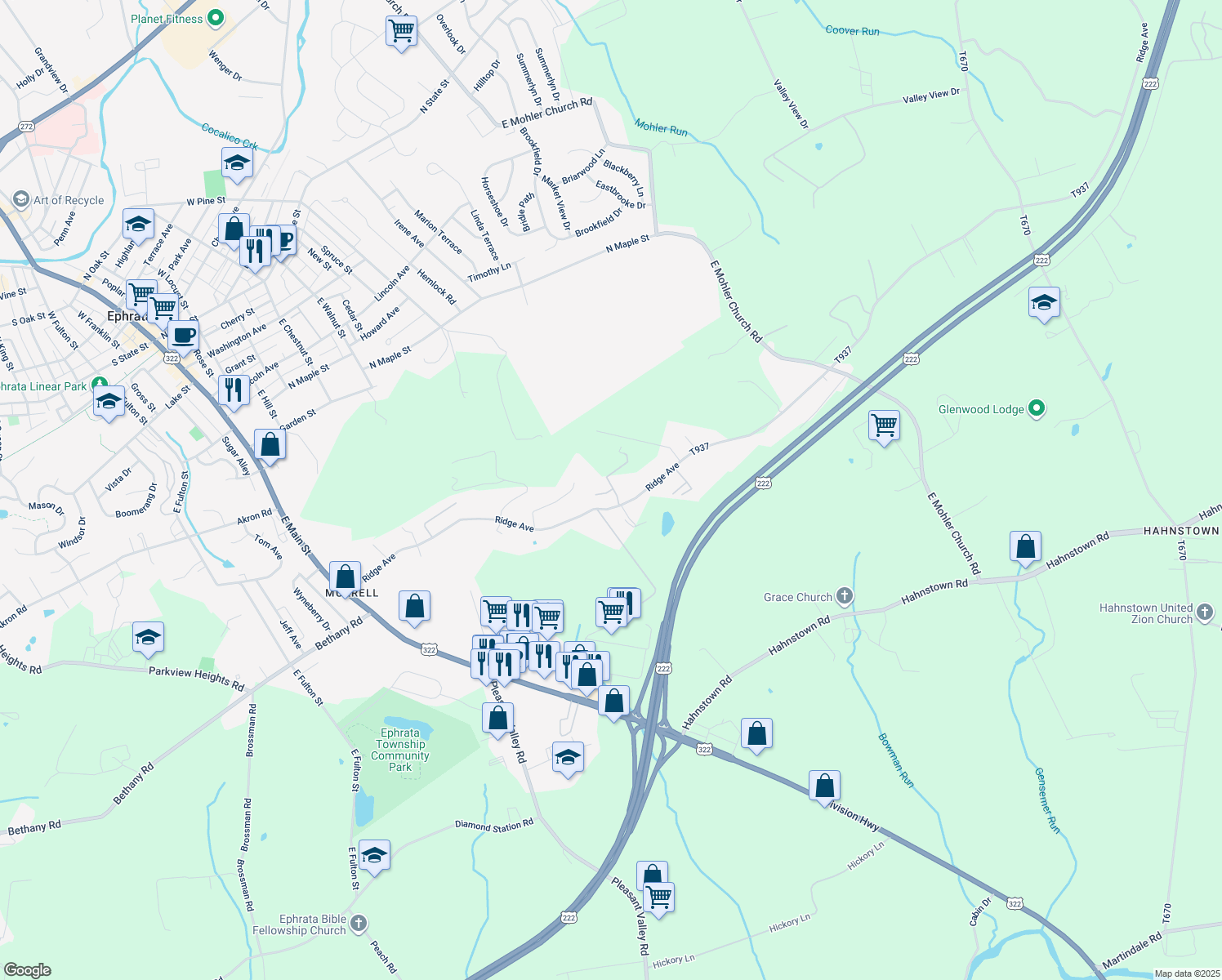 map of restaurants, bars, coffee shops, grocery stores, and more near 1 Hess Circle in Ephrata