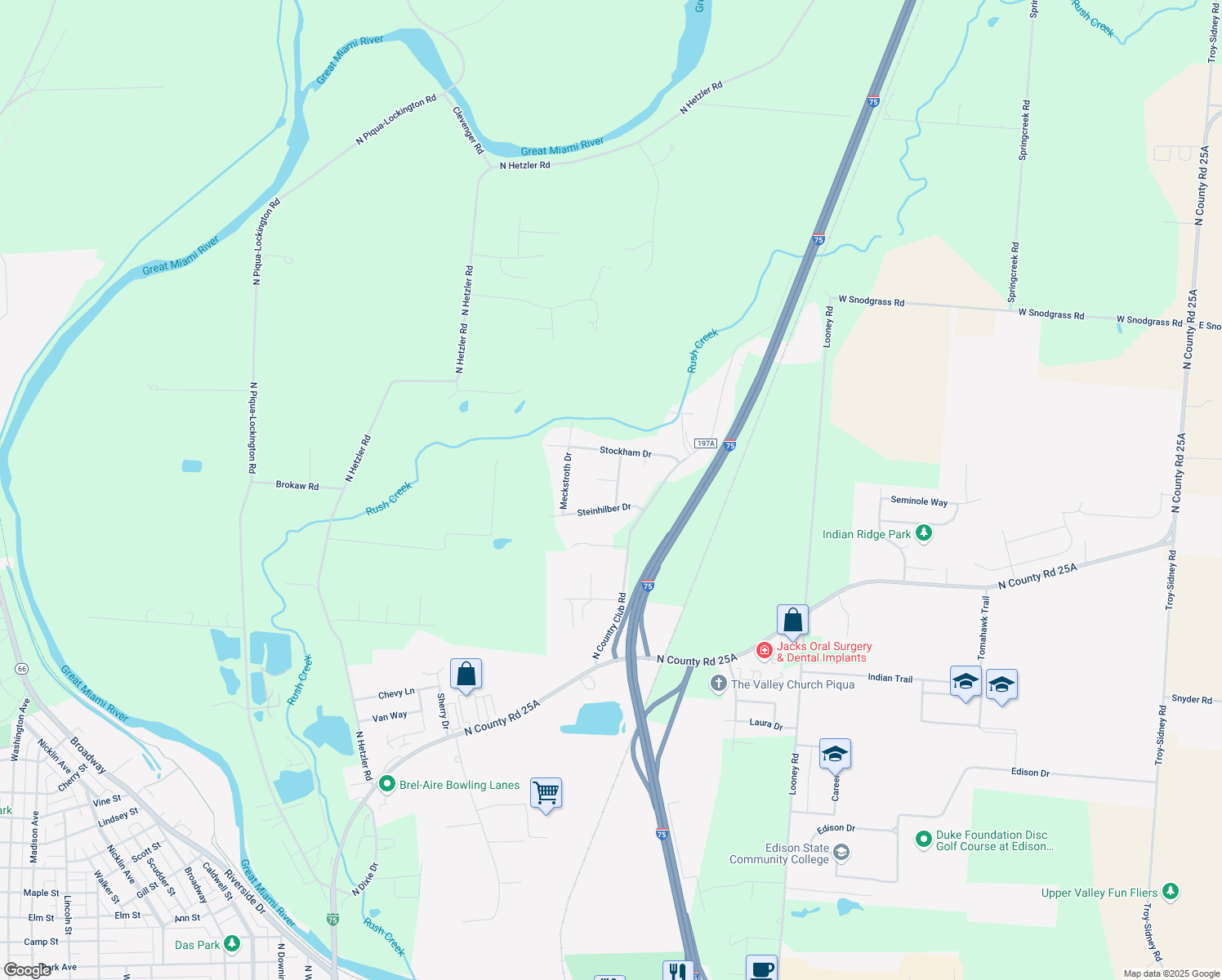 map of restaurants, bars, coffee shops, grocery stores, and more near 9460 Brenrick Drive in Piqua