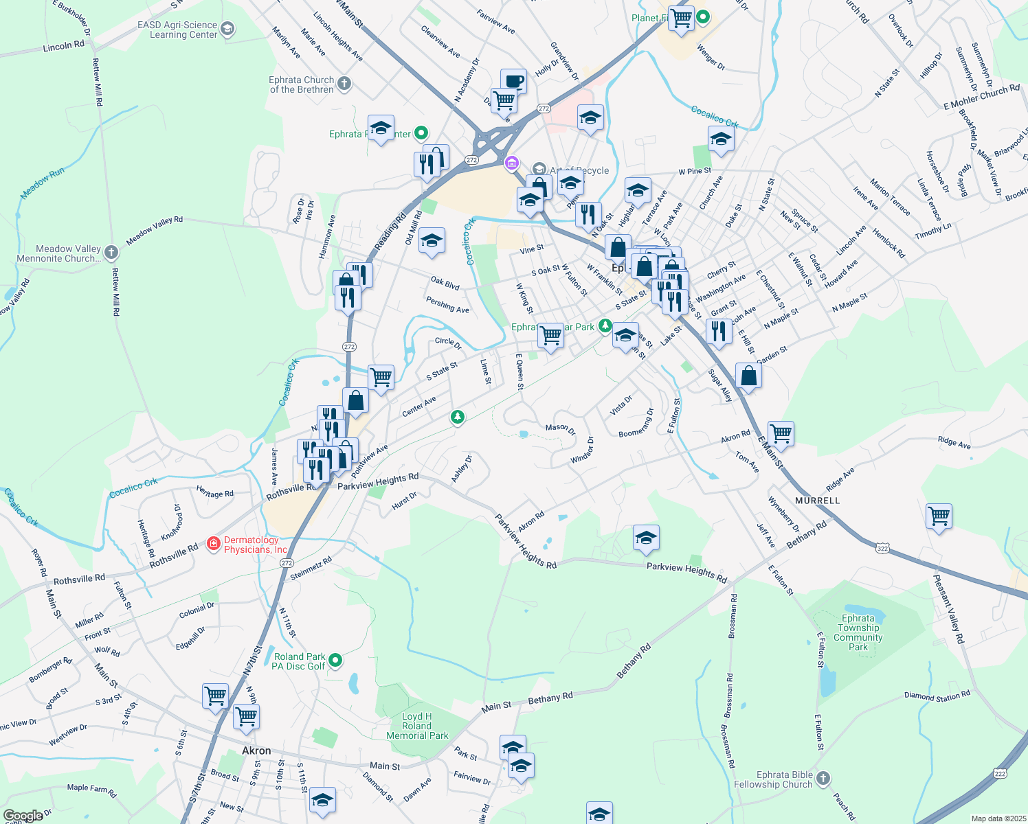 map of restaurants, bars, coffee shops, grocery stores, and more near 176 Brickyard Circle in Ephrata