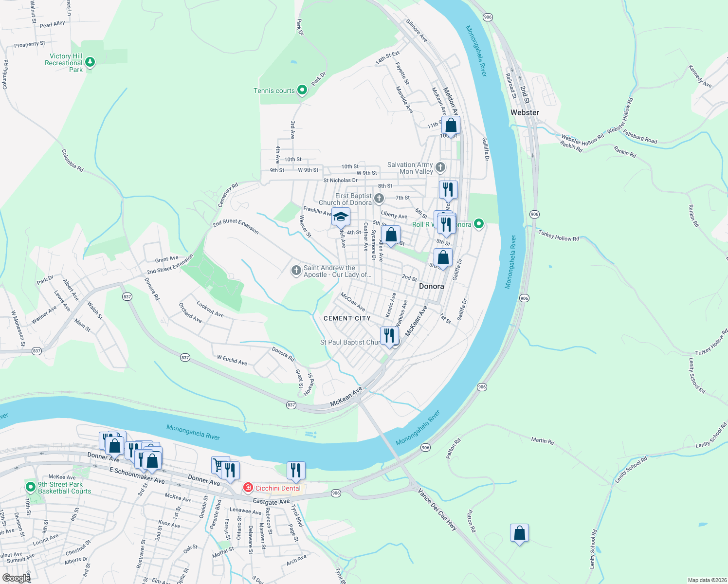map of restaurants, bars, coffee shops, grocery stores, and more near 84 Castner Avenue in Donora