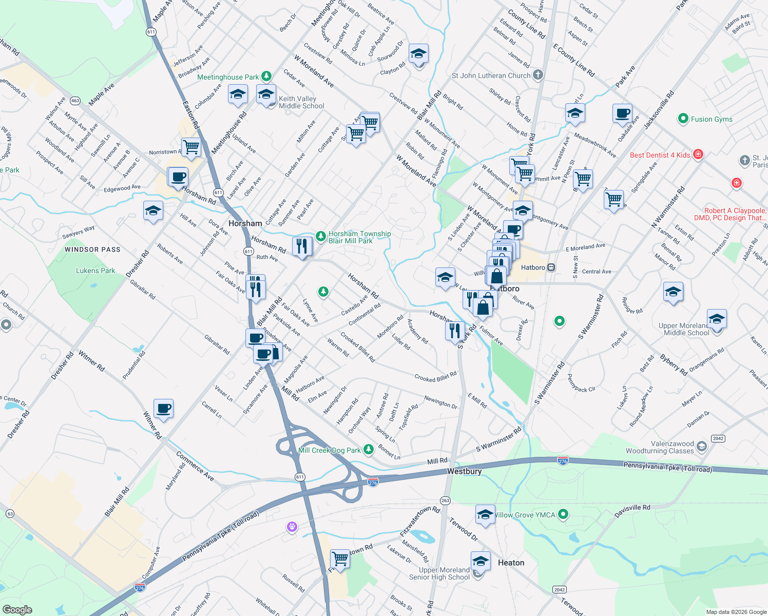 map of restaurants, bars, coffee shops, grocery stores, and more near 409 Continental Rd in Hatboro