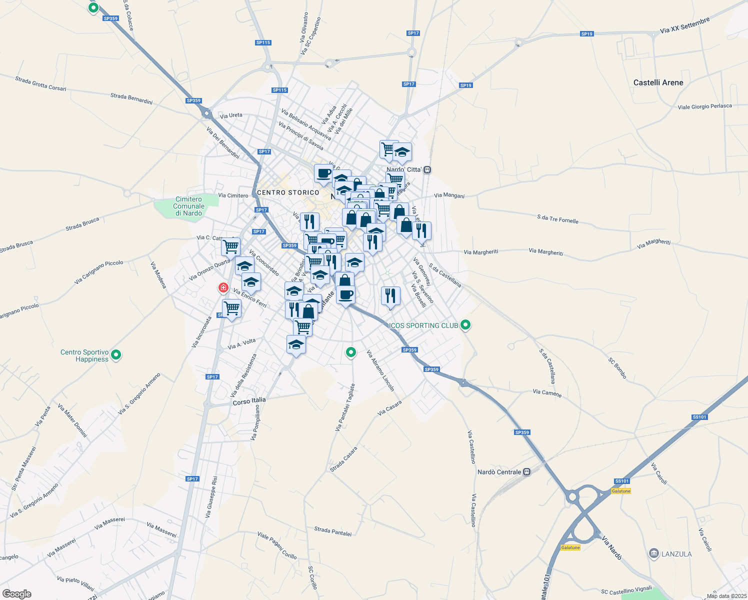 map of restaurants, bars, coffee shops, grocery stores, and more near 43 Viale della Libertà in Nardò