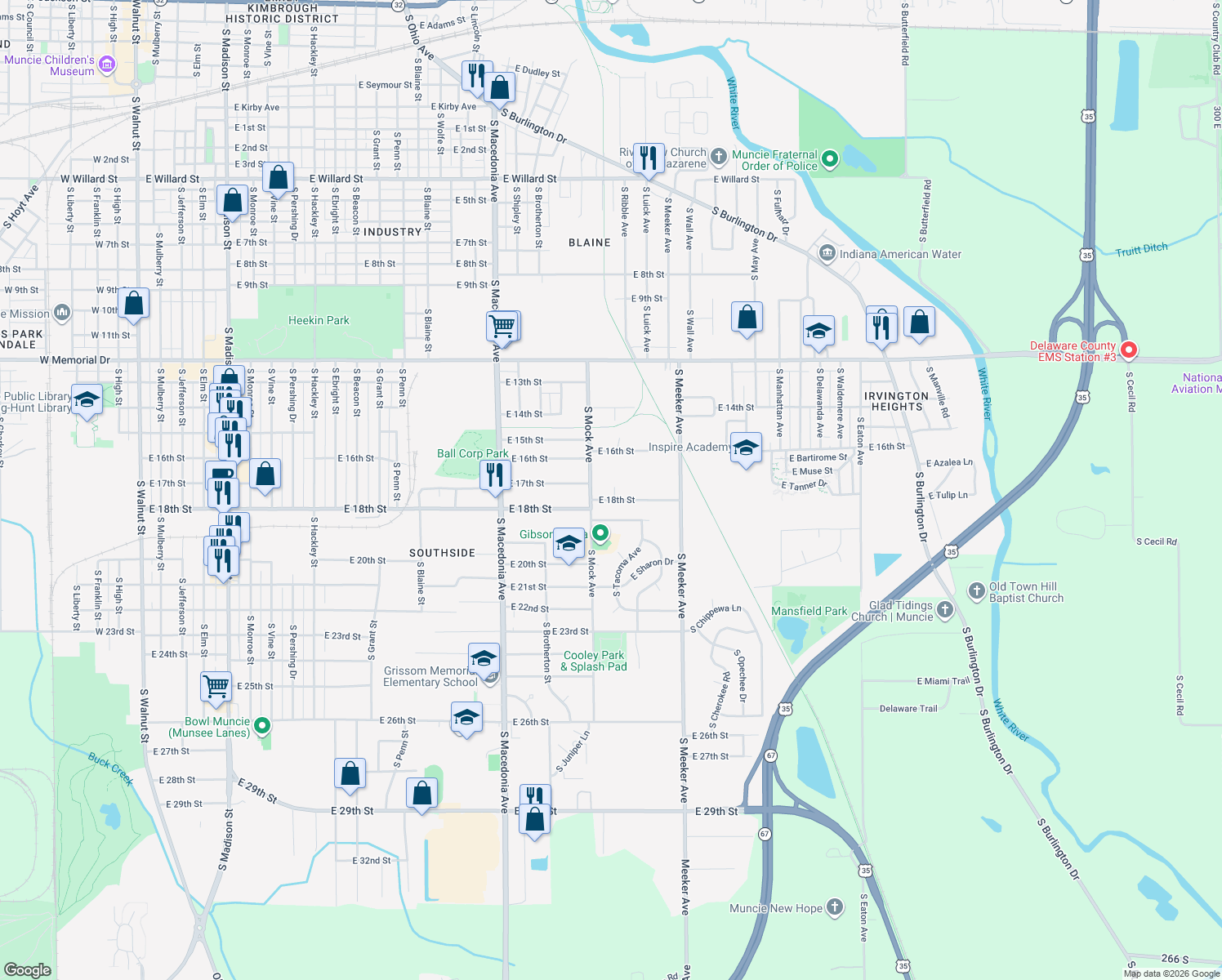 map of restaurants, bars, coffee shops, grocery stores, and more near 2110 East 18th Street in Muncie