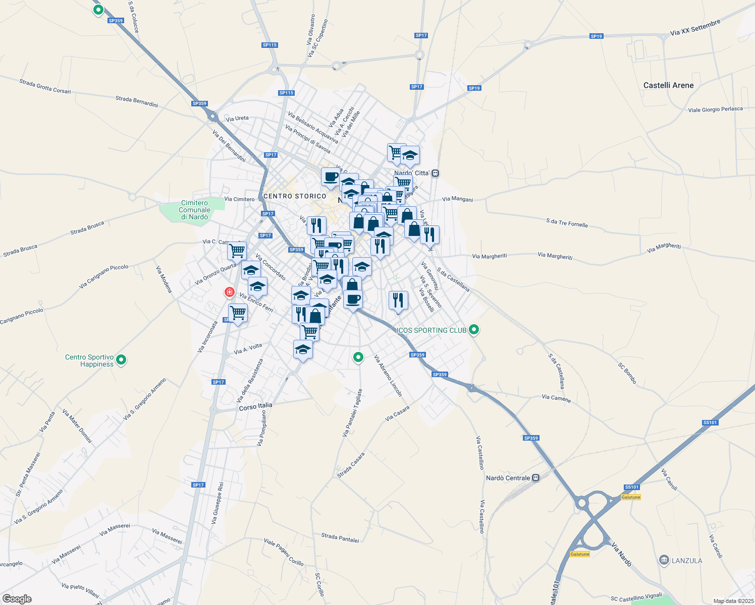 map of restaurants, bars, coffee shops, grocery stores, and more near 43 Viale della Libertà in Nardò