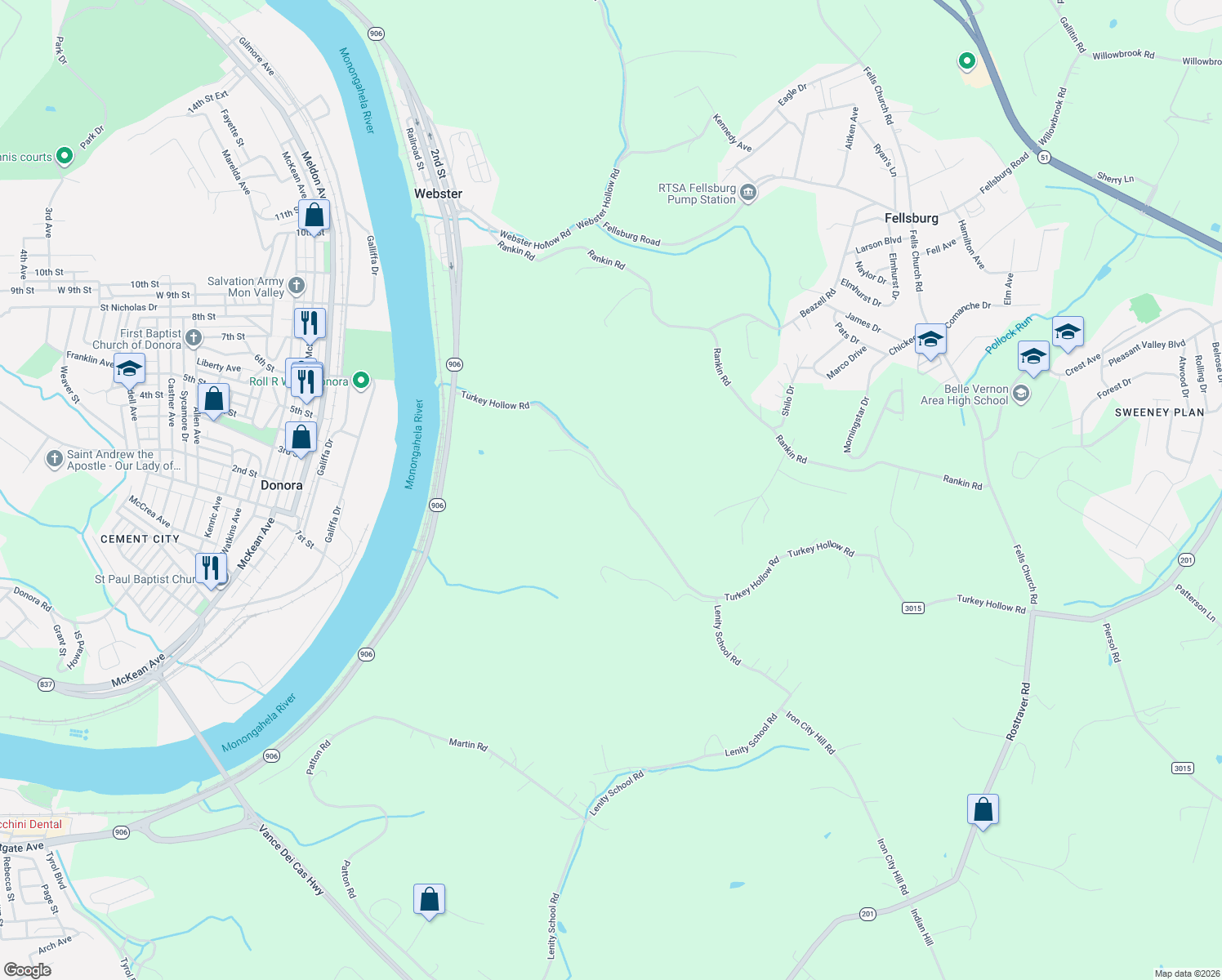 map of restaurants, bars, coffee shops, grocery stores, and more near 211 Warren Point Lane in Belle Vernon