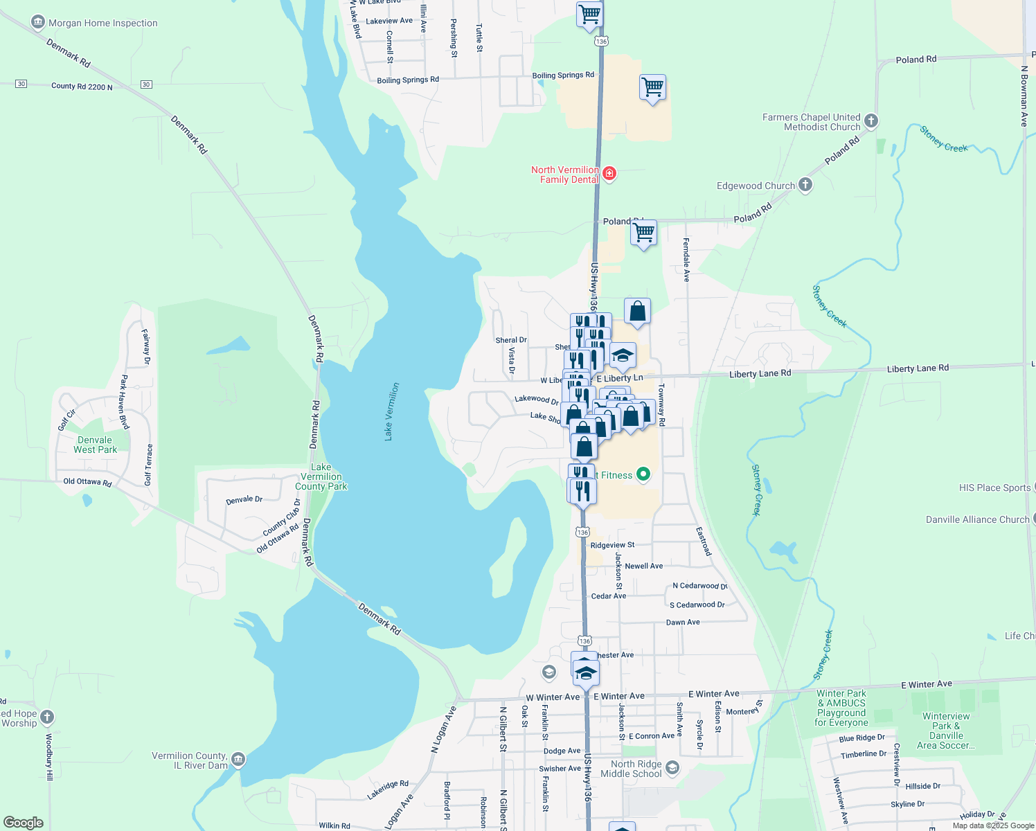 map of restaurants, bars, coffee shops, grocery stores, and more near 26 Lake Shore Drive in Danville