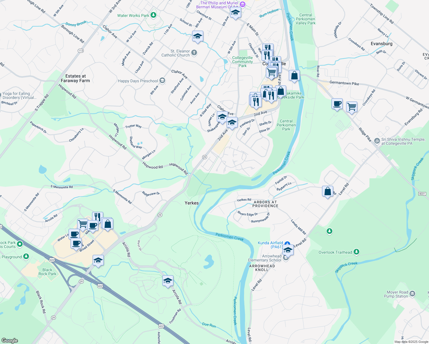 map of restaurants, bars, coffee shops, grocery stores, and more near 140 Iron Bark Court in Collegeville