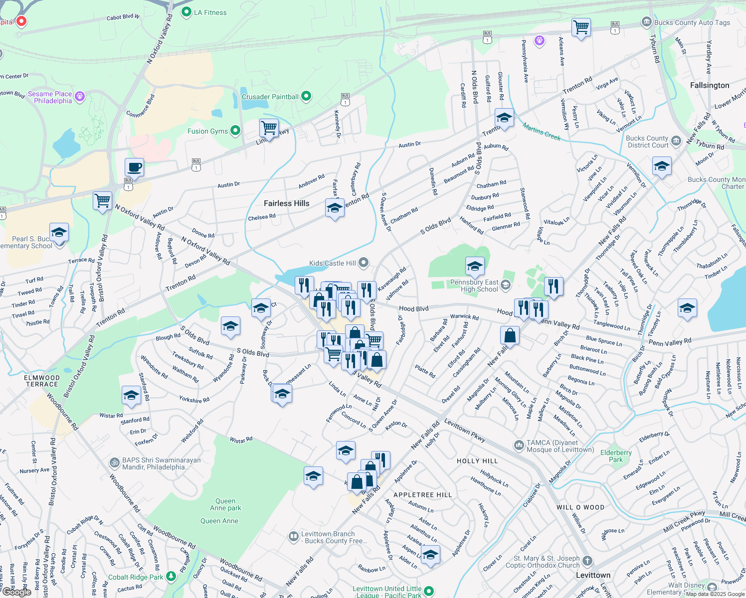 map of restaurants, bars, coffee shops, grocery stores, and more near 500 South Olds Boulevard in Fairless Hills