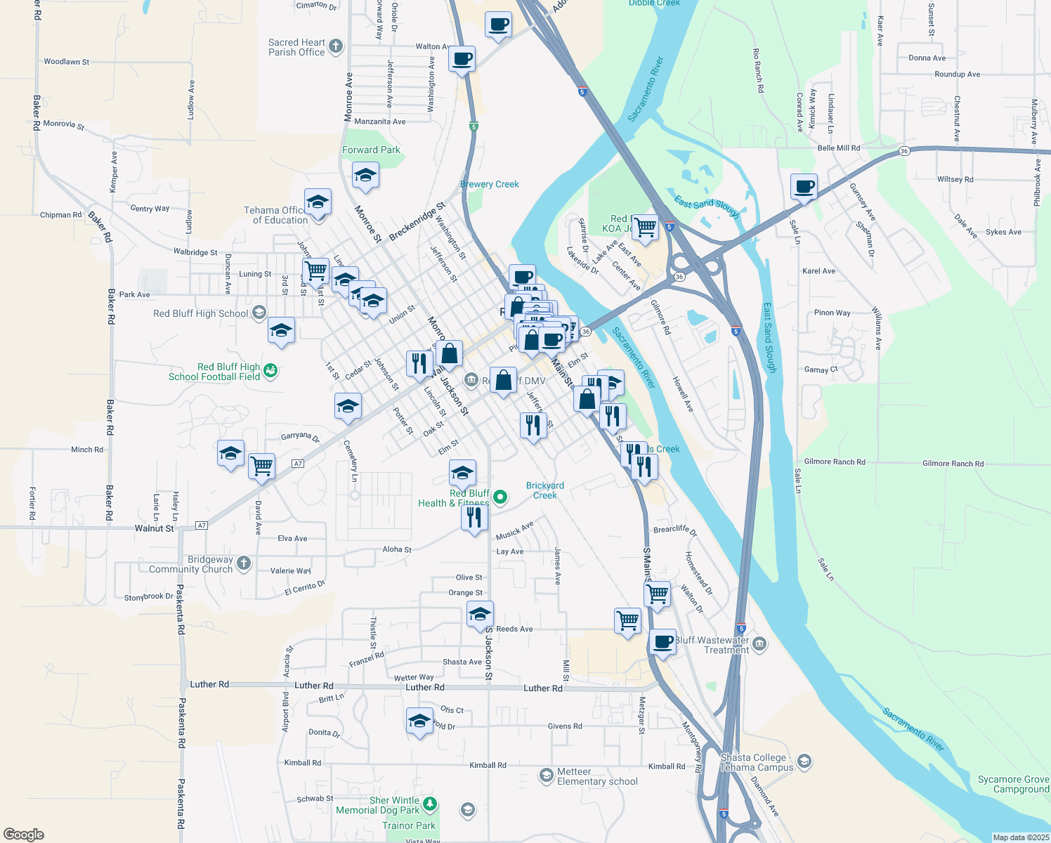 map of restaurants, bars, coffee shops, grocery stores, and more near 398 Madison St in Red Bluff