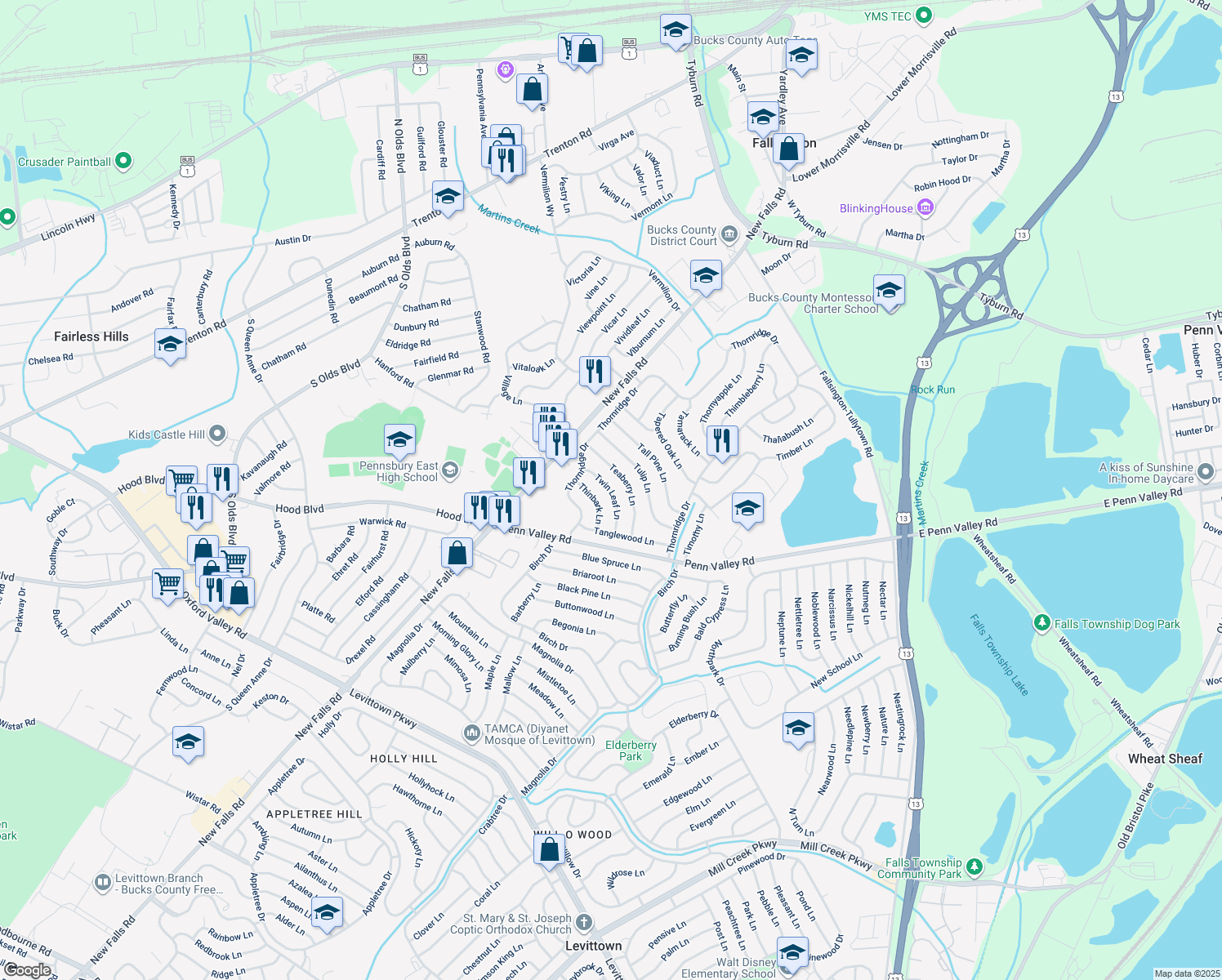 map of restaurants, bars, coffee shops, grocery stores, and more near 34 Twin Leaf Lane in Levittown